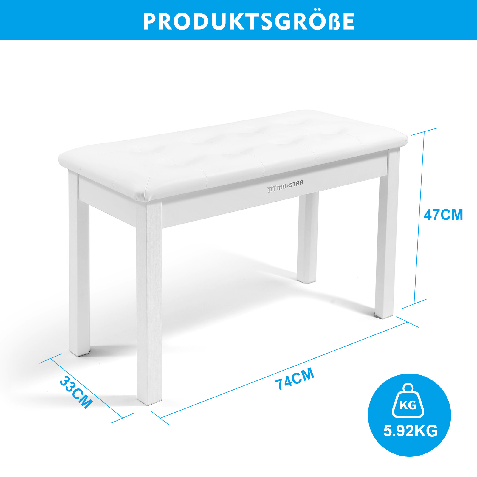 Weiße Klavierbank mit Maßen 74x33x47cm und einem Gewicht von 5,92kg.