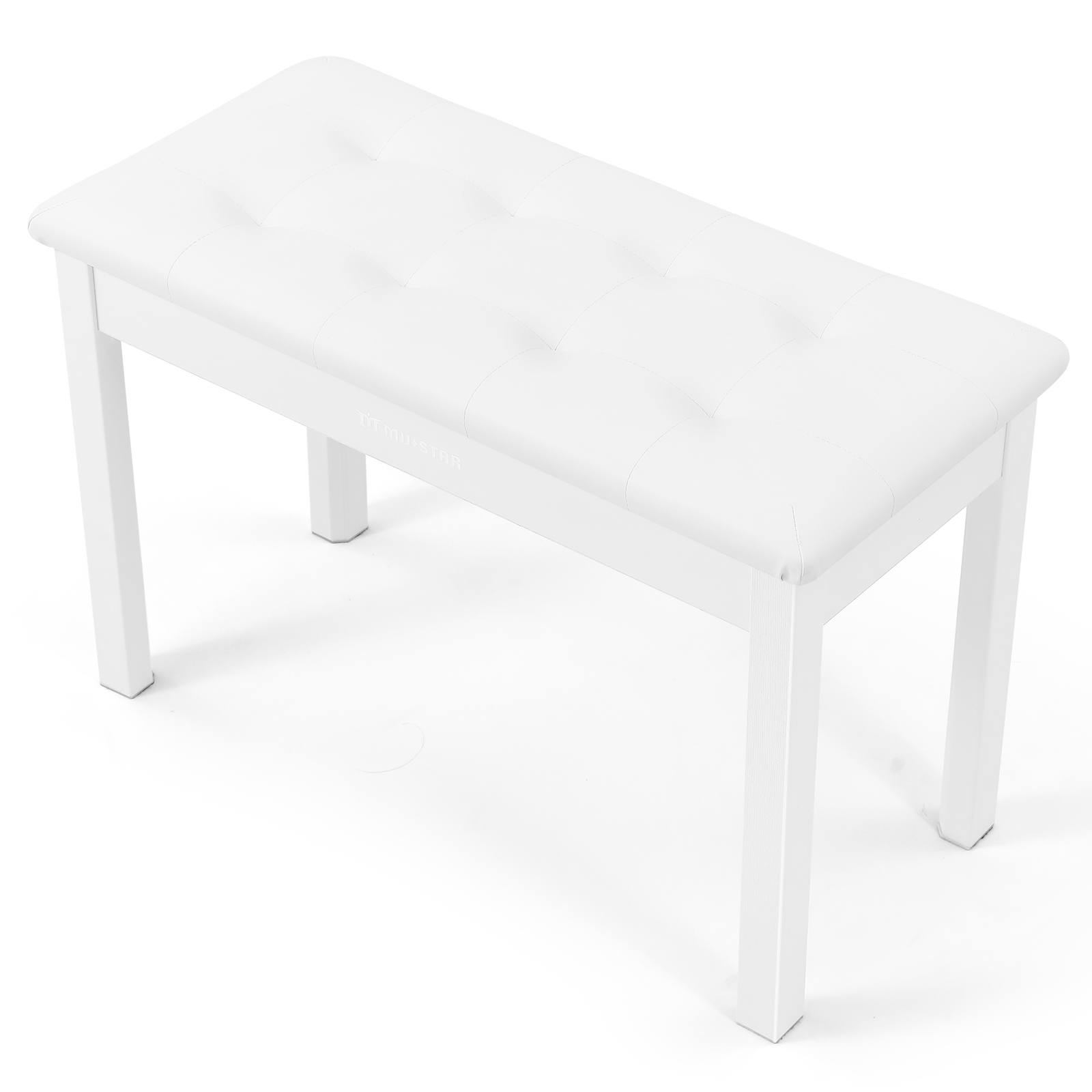 Ein weißer Hocker mit gepolsterter Sitzfläche auf vier Beinen.