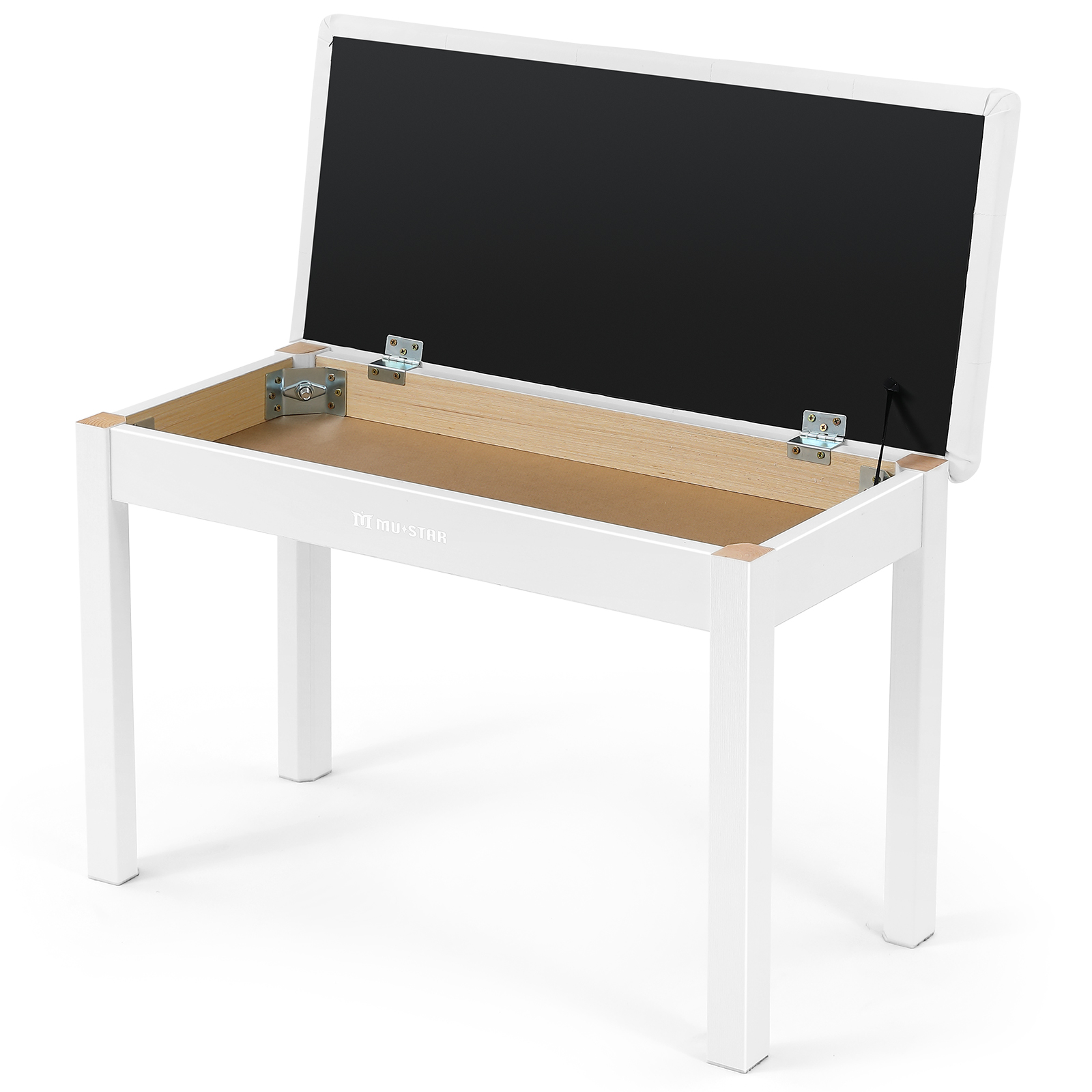 Ein weißer Kindertisch mit hochgeklapptem schwarzem Deckel und Holzdetails.
