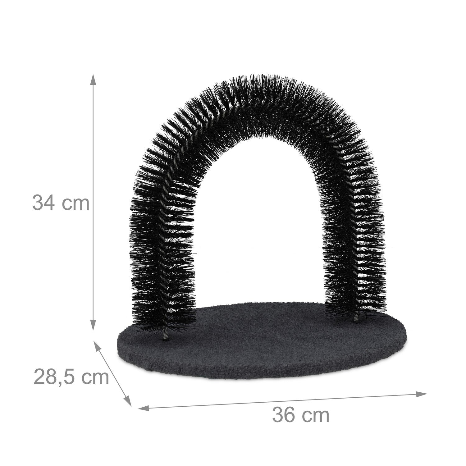 Rascador negro para gatos en forma de arco sobre base oscura con medidas.
