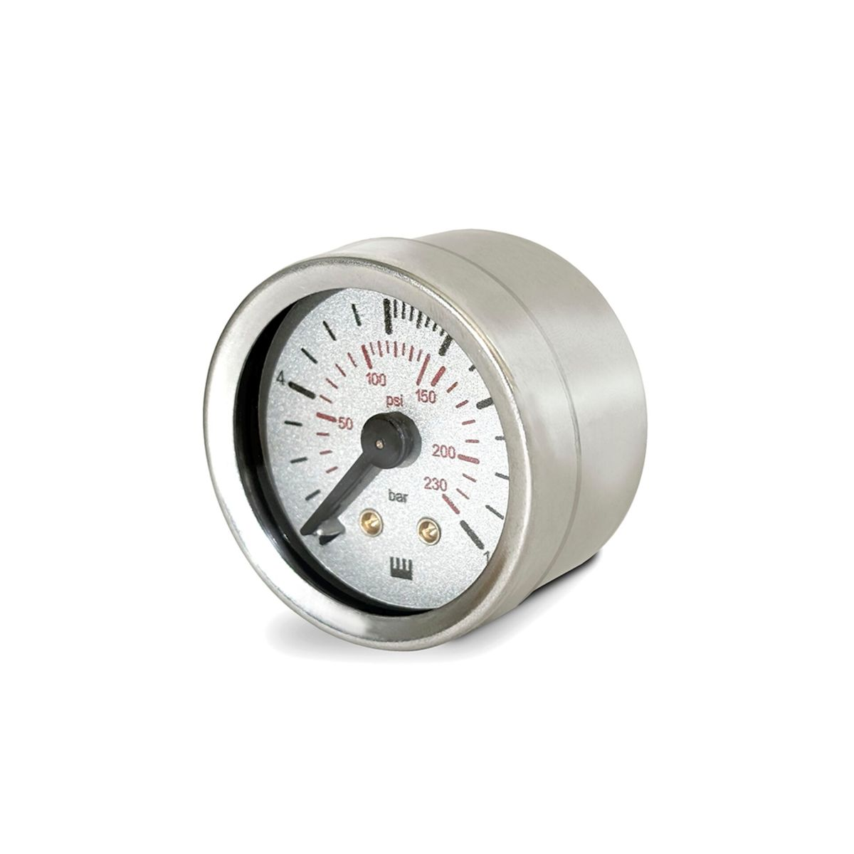 Ein silberner Manometer mit schwarzem Zeiger, der auf 50 psi anzeigt.