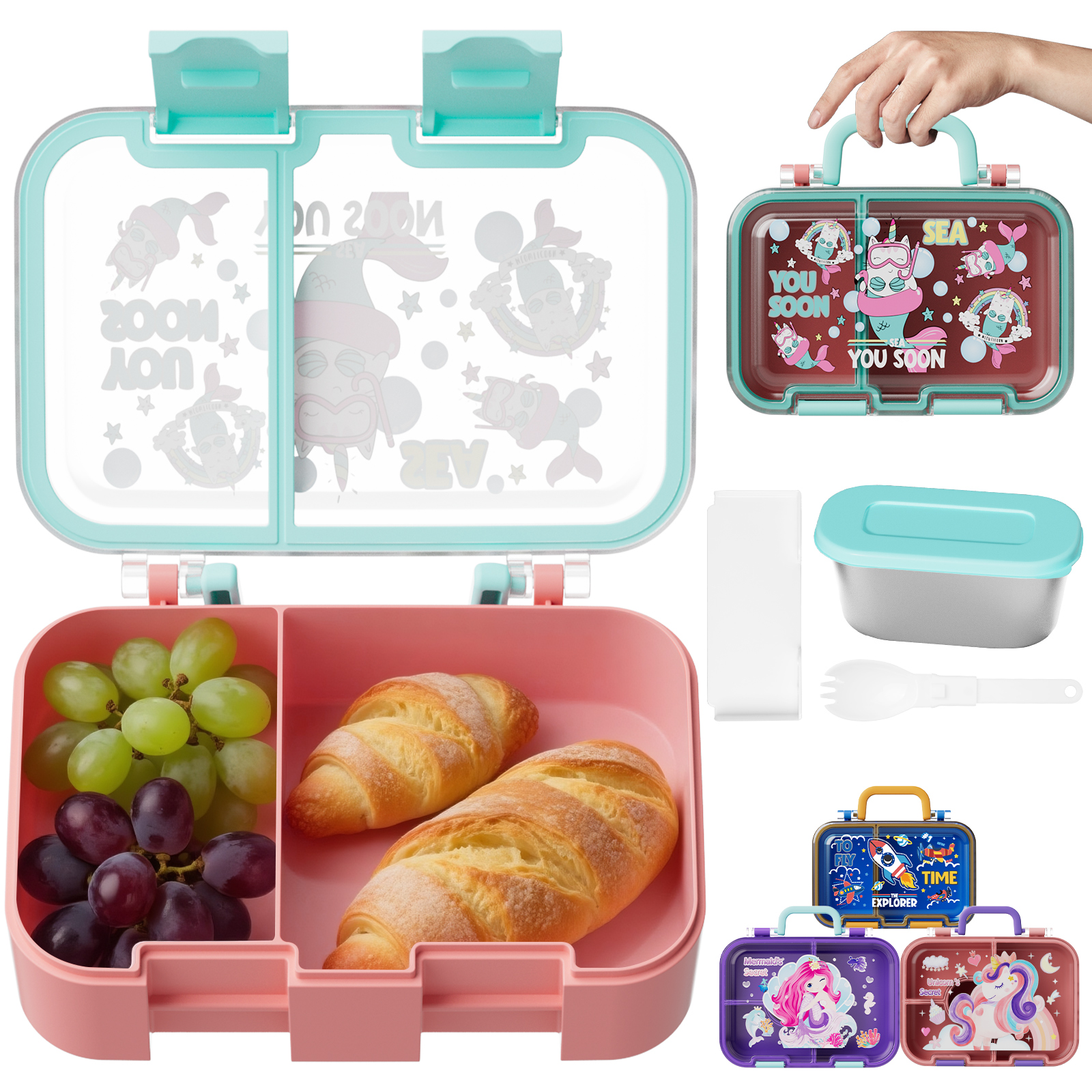 Ein pinker Brotdosen-Organizer mit Trauben und Croissants. Daneben sind kleine Behälter.