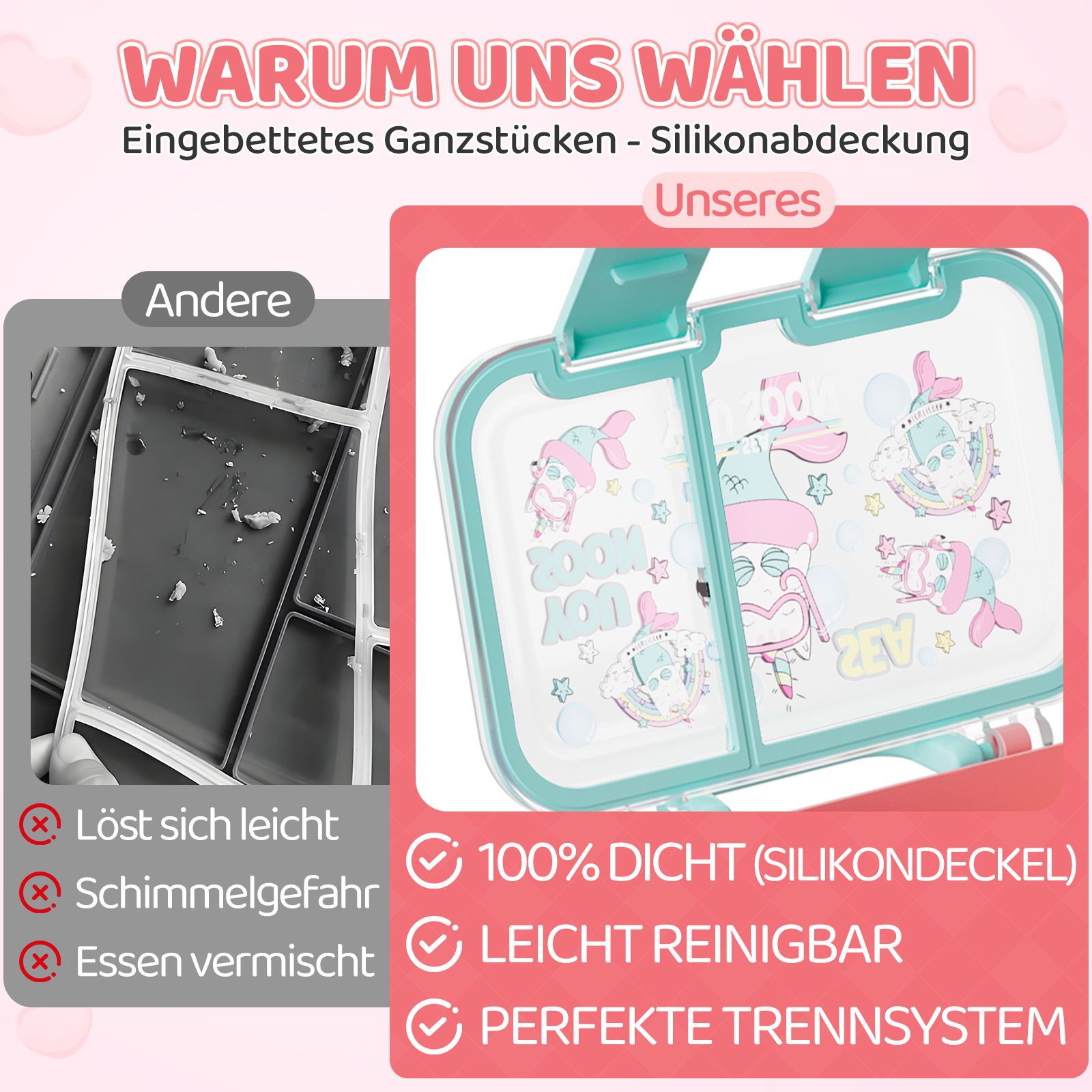 Vergleich einer Lunchbox: links eine schmutzige, rechte eine dekorierte.