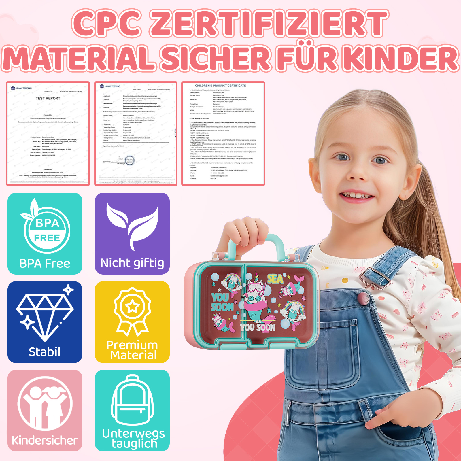 Ein Mädchen hält eine Brotdose mit Meeresmotiven. Zertifikate im Hintergrund.
