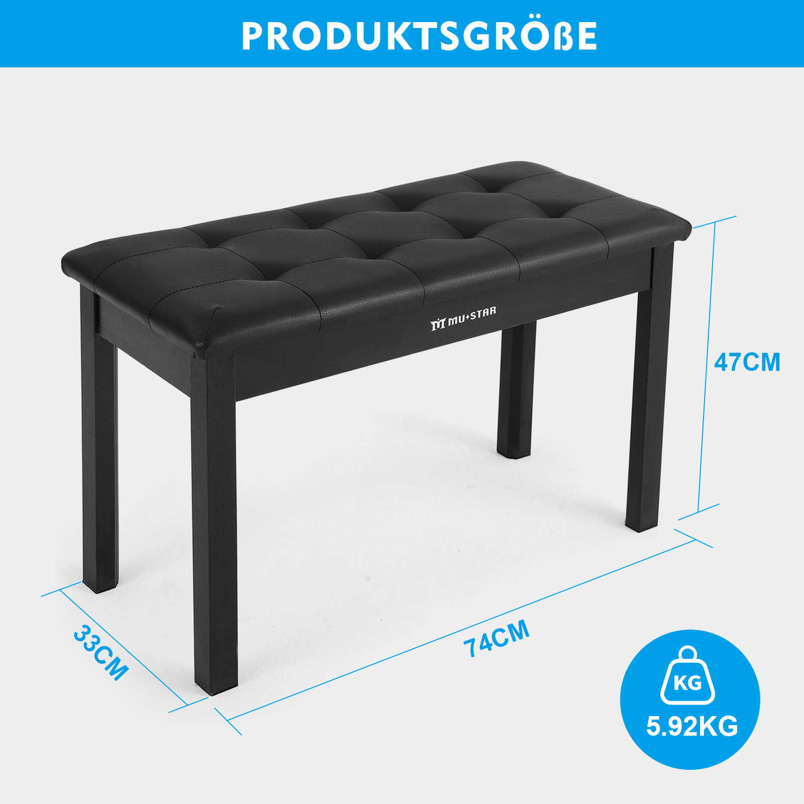Schwarze Klavierbank mit gesteppter Sitzfläche, Maße: 74x33x47cm, Gewicht 5.92kg.