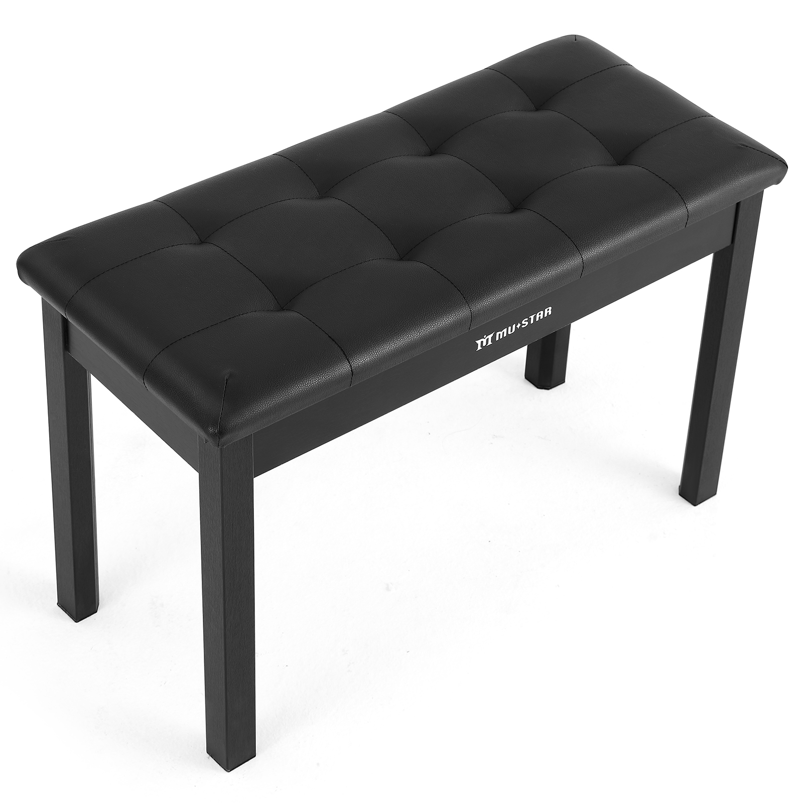 Schwarze Klavierbank mit gestepptem Kunstleder-Sitz und Holzbeinen.