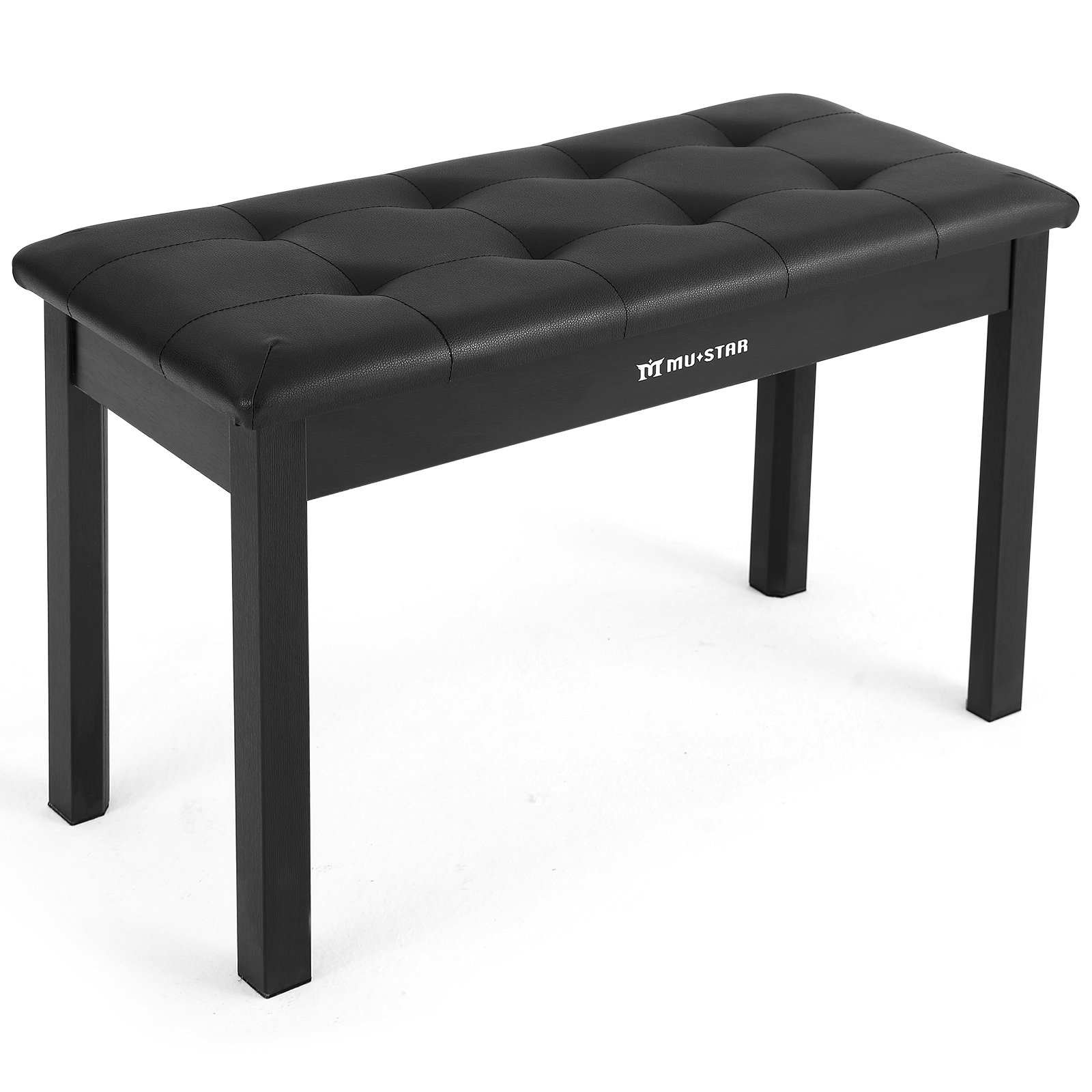 Schwarze Klavierbank mit gestepptem Sitz und vier Beinen auf weißem Hintergrund.