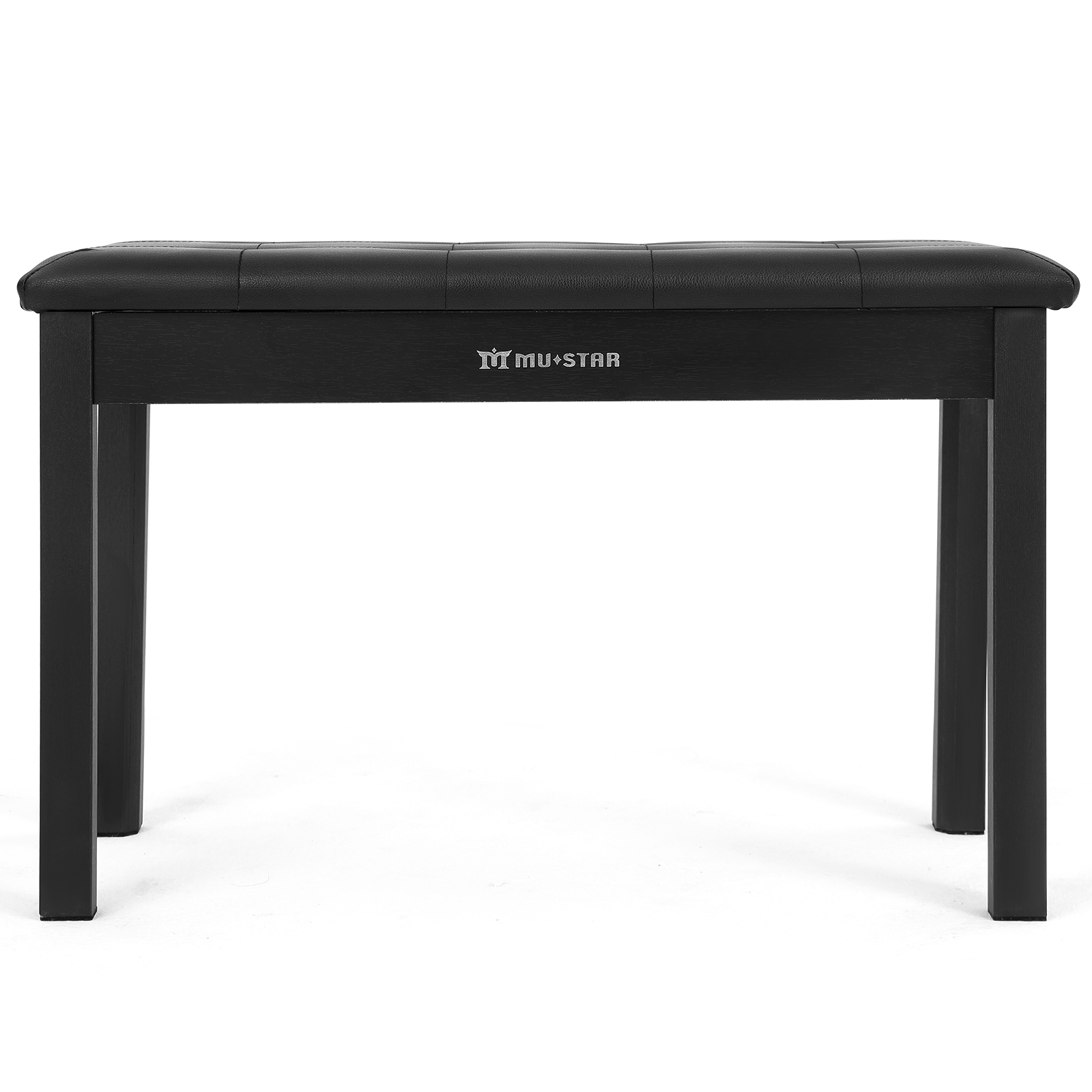 Schwarze Klavierbank mit gepolsterter Sitzfläche und vier Beinen.
