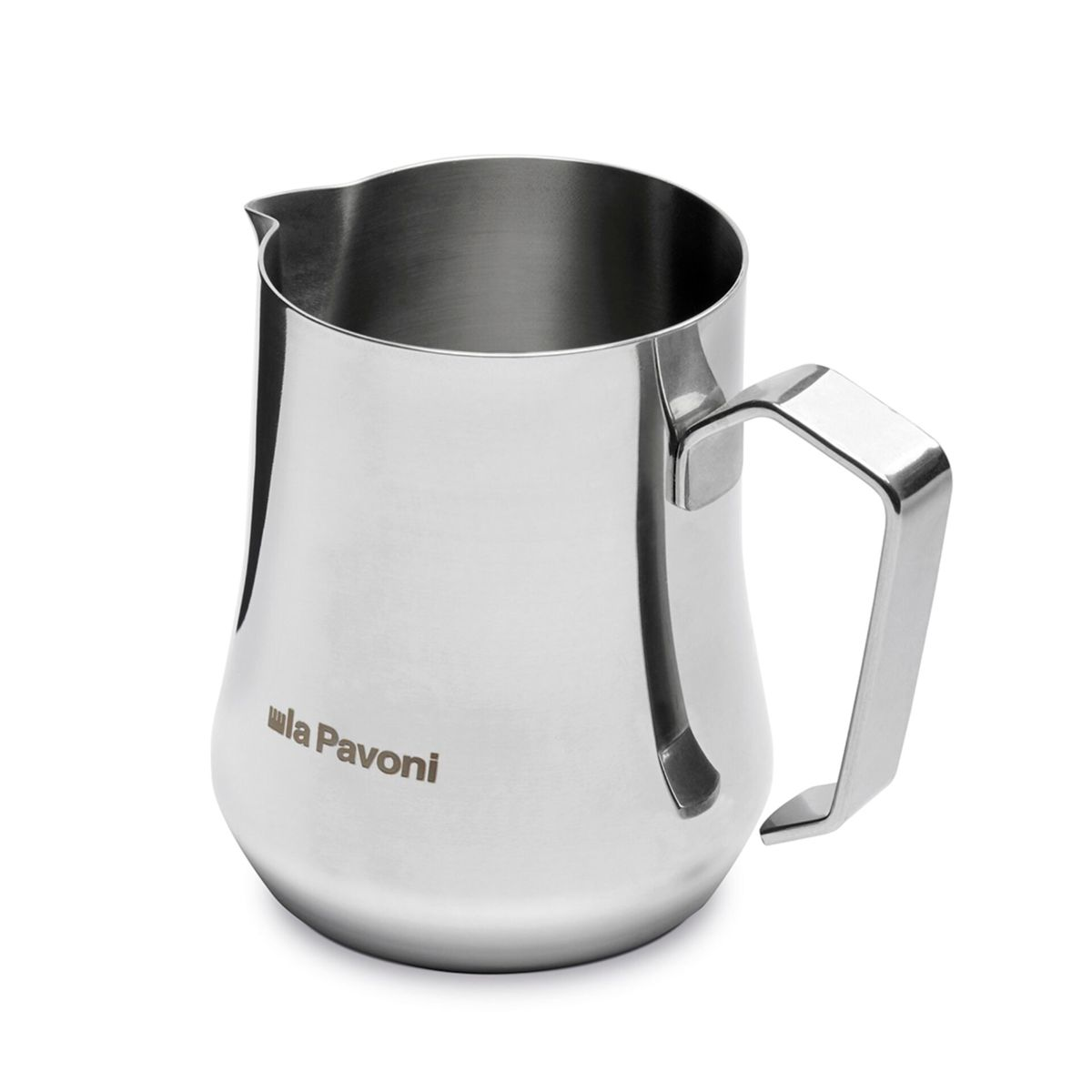 Ein silberner Milchaufschäumer mit einem Griff und dem La Pavoni-Logo.