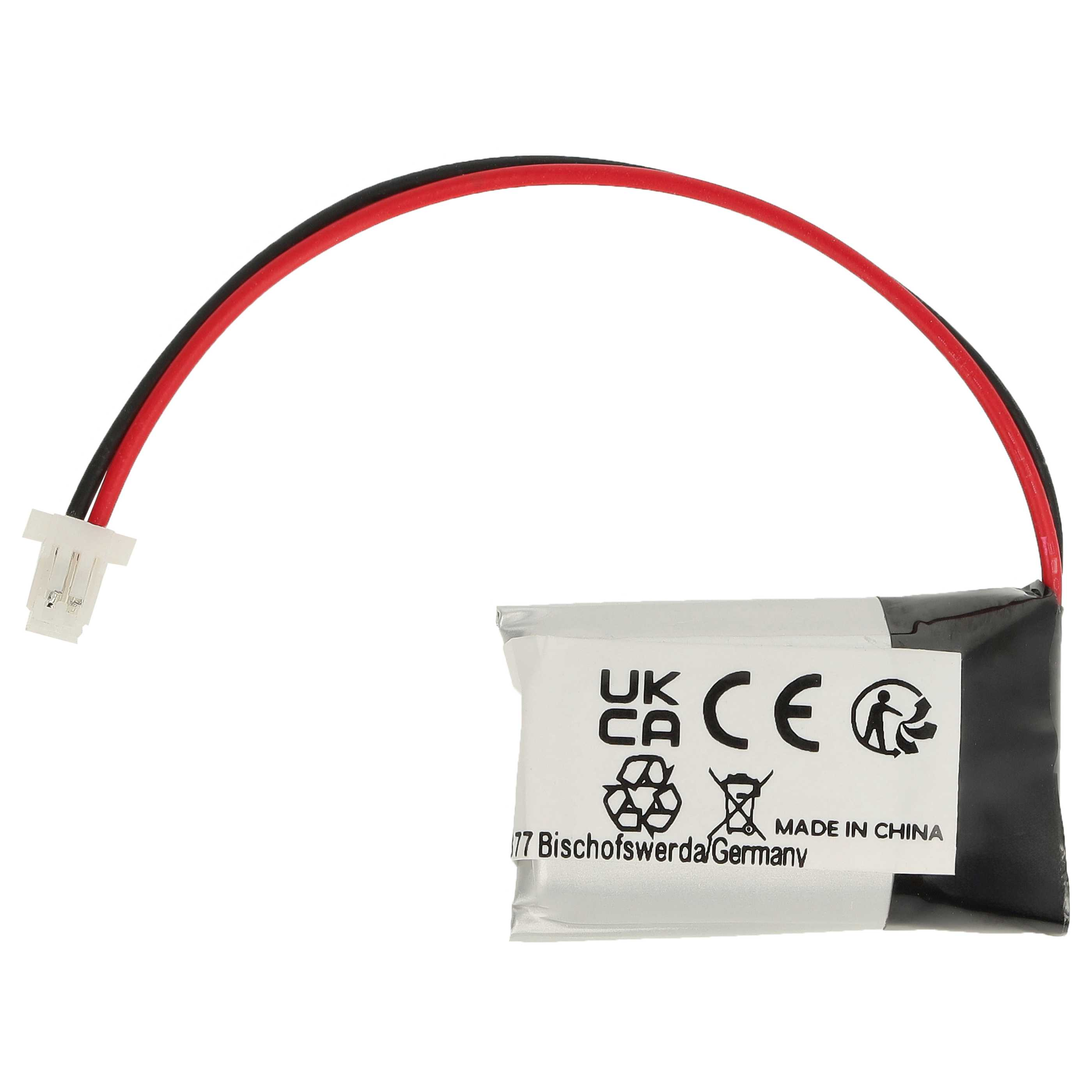 Ein kleiner Akku mit rotem und schwarzem Kabel und einem weißen Stecker.
