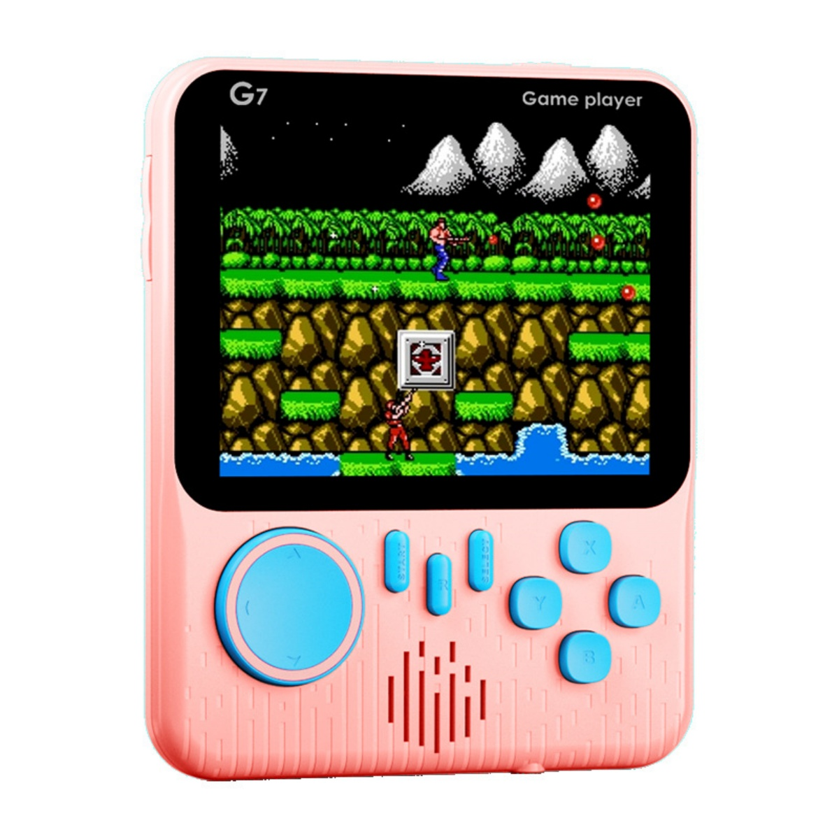 Ein rosafarbener Handheld-Spieleplayer mit einem Retro-Spiel auf dem Bildschirm.