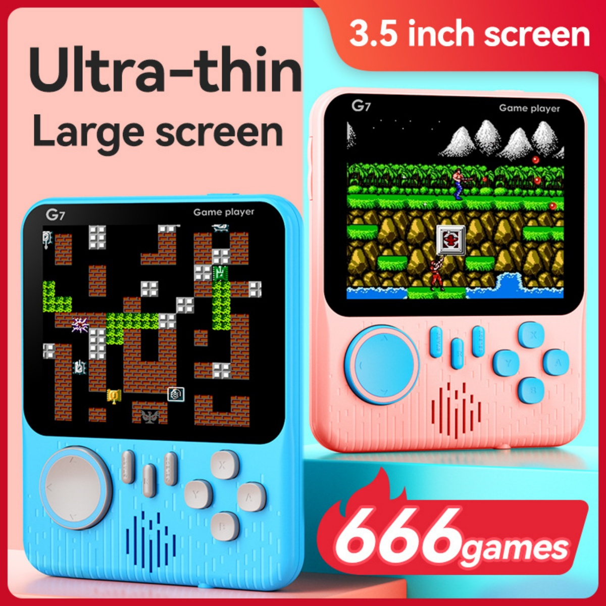Zwei Retro-Handheld-Konsolen mit 3,5-Zoll-Bildschirmen, die Spiele zeigen.