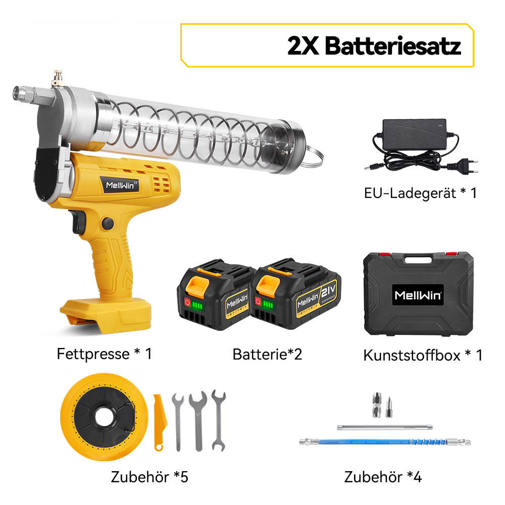 Ein gelber Akku-Schmiernieten mit transparentem Rohr, zwei Akkus, Ladegerät, Werkzeugkasten und Zubehör.