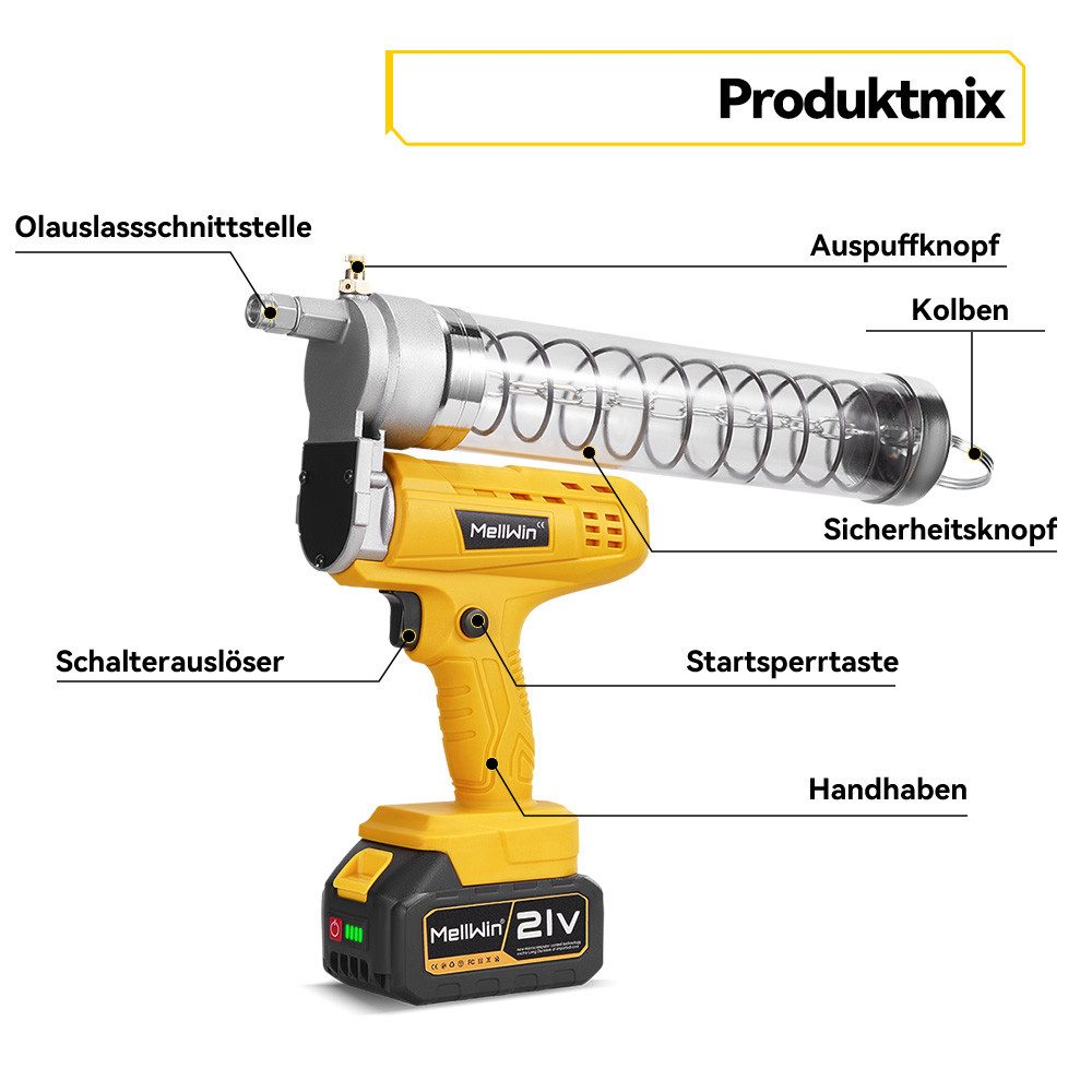 Gelbe und silberne Fettpresse mit transparentem Schlauch und Schraubenfeder.