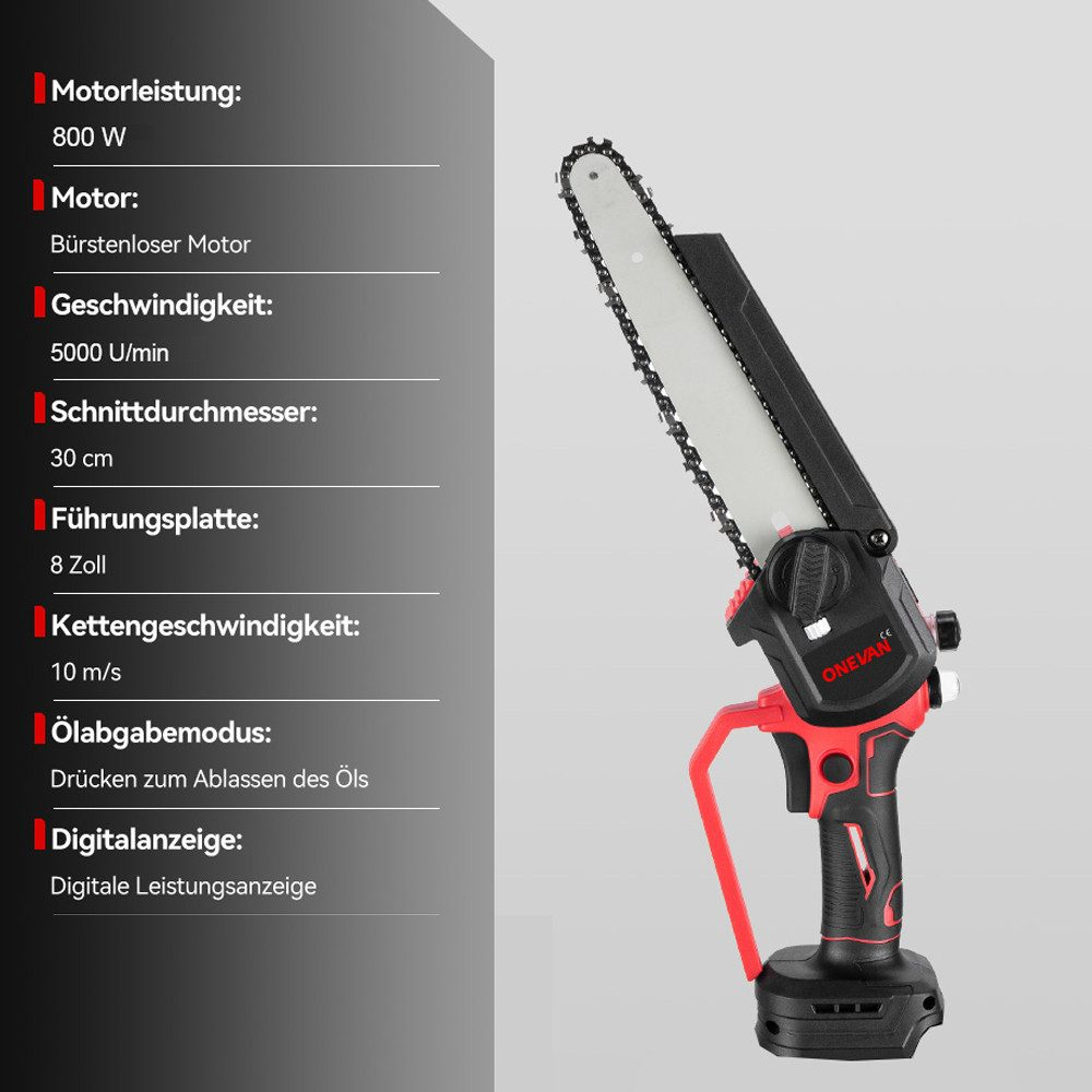 Eine elektrische Kettensäge mit rotem Griff und schwarzem Gehäuse.