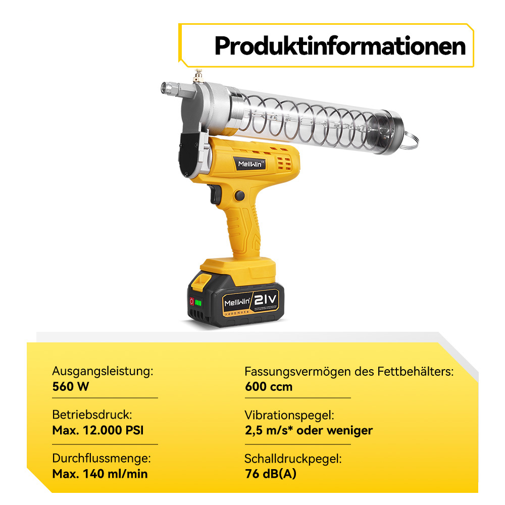 Ein gelber Akku-Fettpressen-Set mit technischen Daten, Leistung 560W, 12000 PSI.