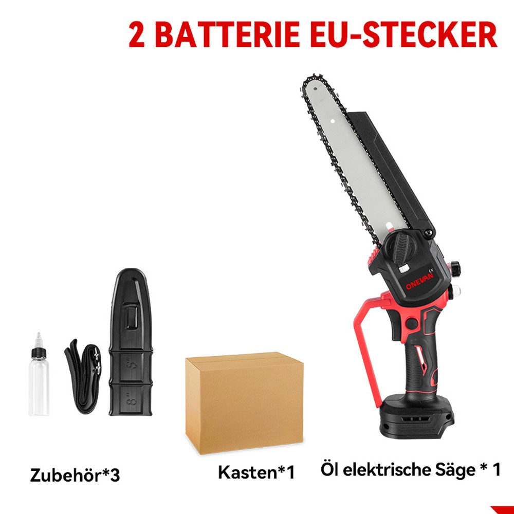 Elektrische Säge mit Zubehör, Kasten und Öl. 2 Batterien und EU-Stecker.