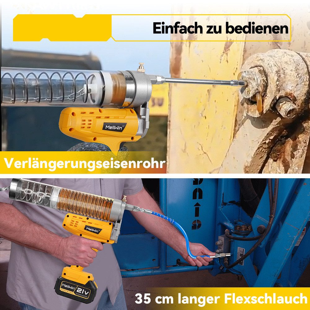 Gelbe Fettpresse mit transparentem Rohr und flexibler Leitung wird an Maschine angeschlossen.