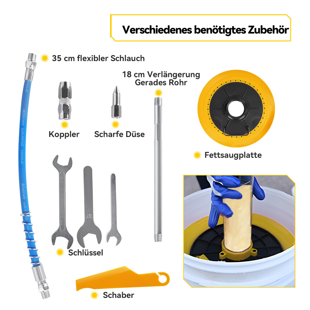 Zubehör: Schlauch, Koppler, Düse, Verlängerung, Fettsaugplatte, Schlüssel, Schaber.