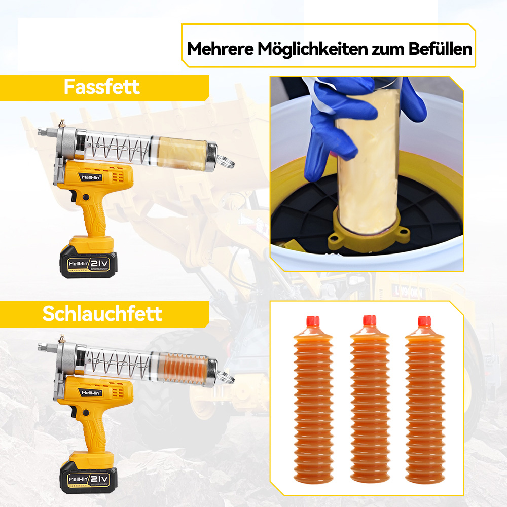 Zwei gelbe Akku-Fettpressen, eine mit Fassfett, die andere mit Schlauchfett.