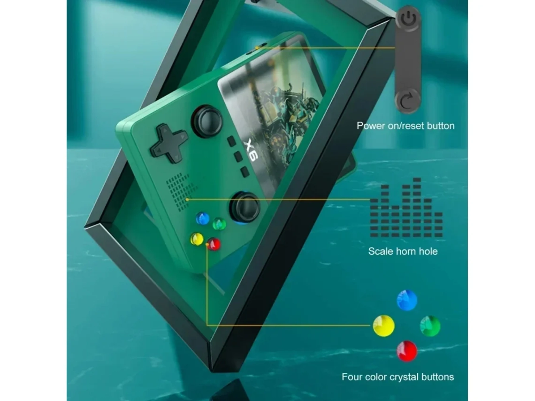 Ein grünes Handheld-Spielgerät mit Power-Taste, Lautsprecherloch und vier farbigen Tasten.
