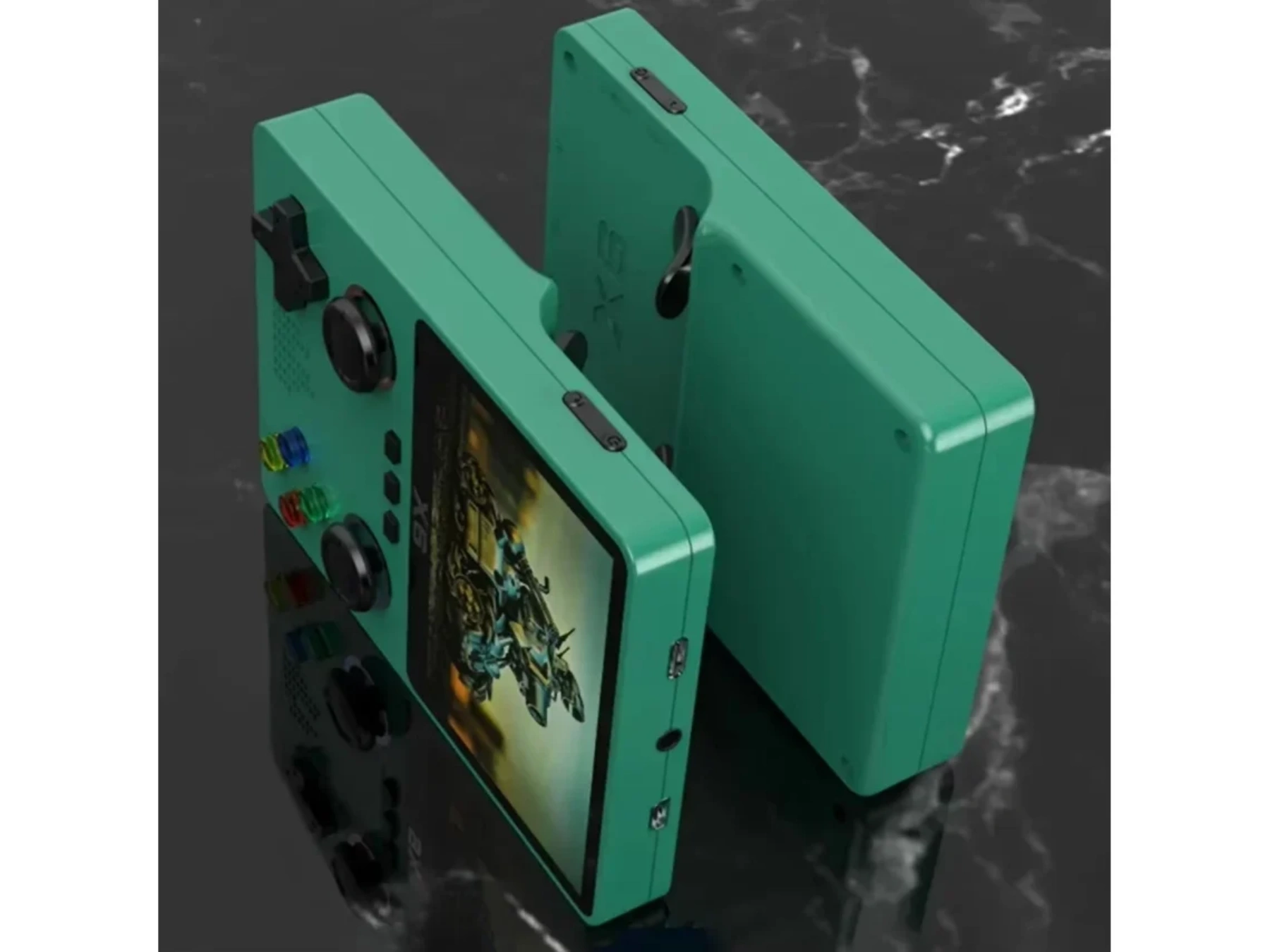 Grünes Handheld-Gerät mit Bildschirm und Bedienelementen auf dunklem Hintergrund.