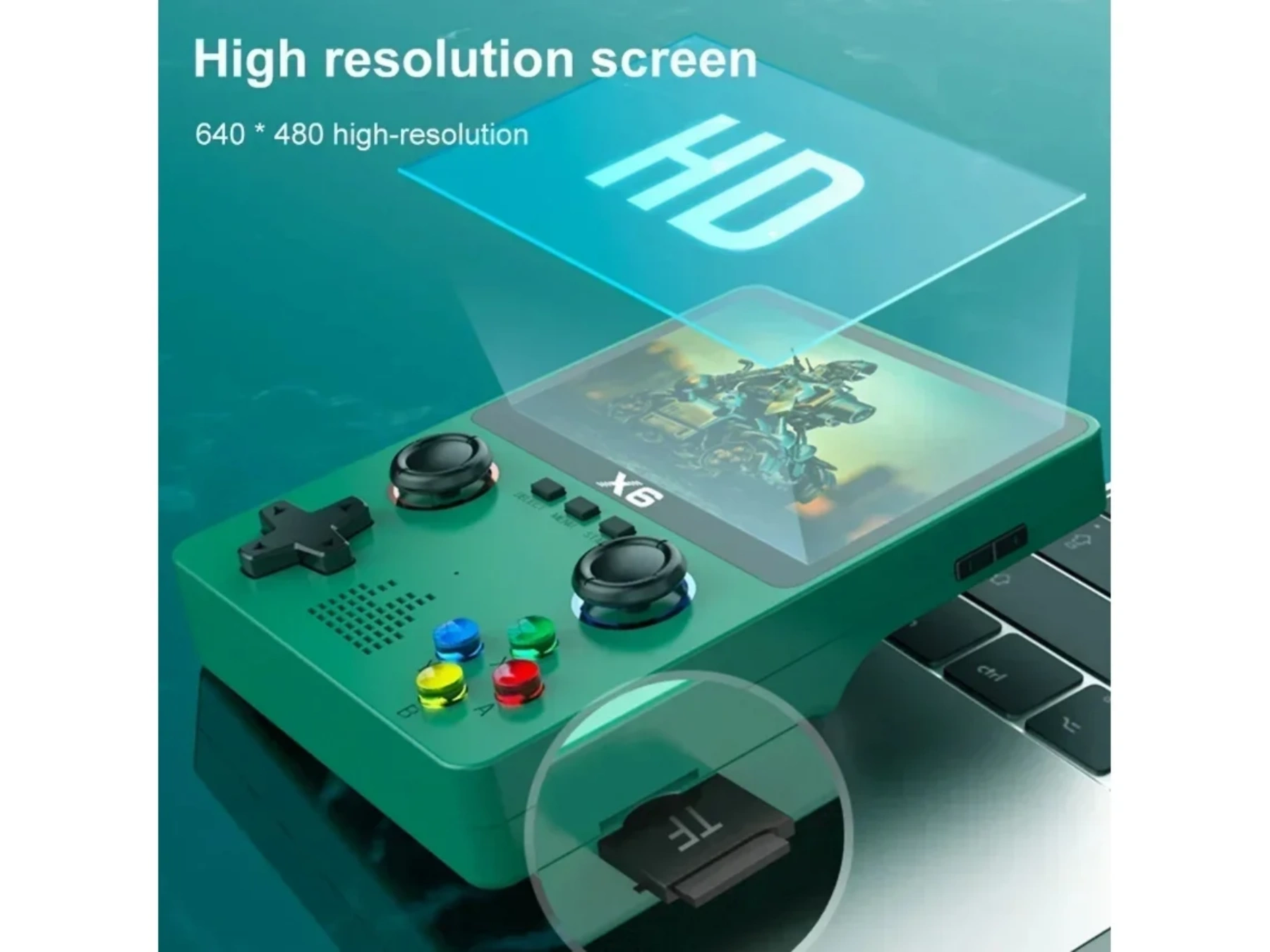 Ein grünes Handheld-Spielgerät mit zwei Joysticks, Tasten und einem HD-Bildschirm.