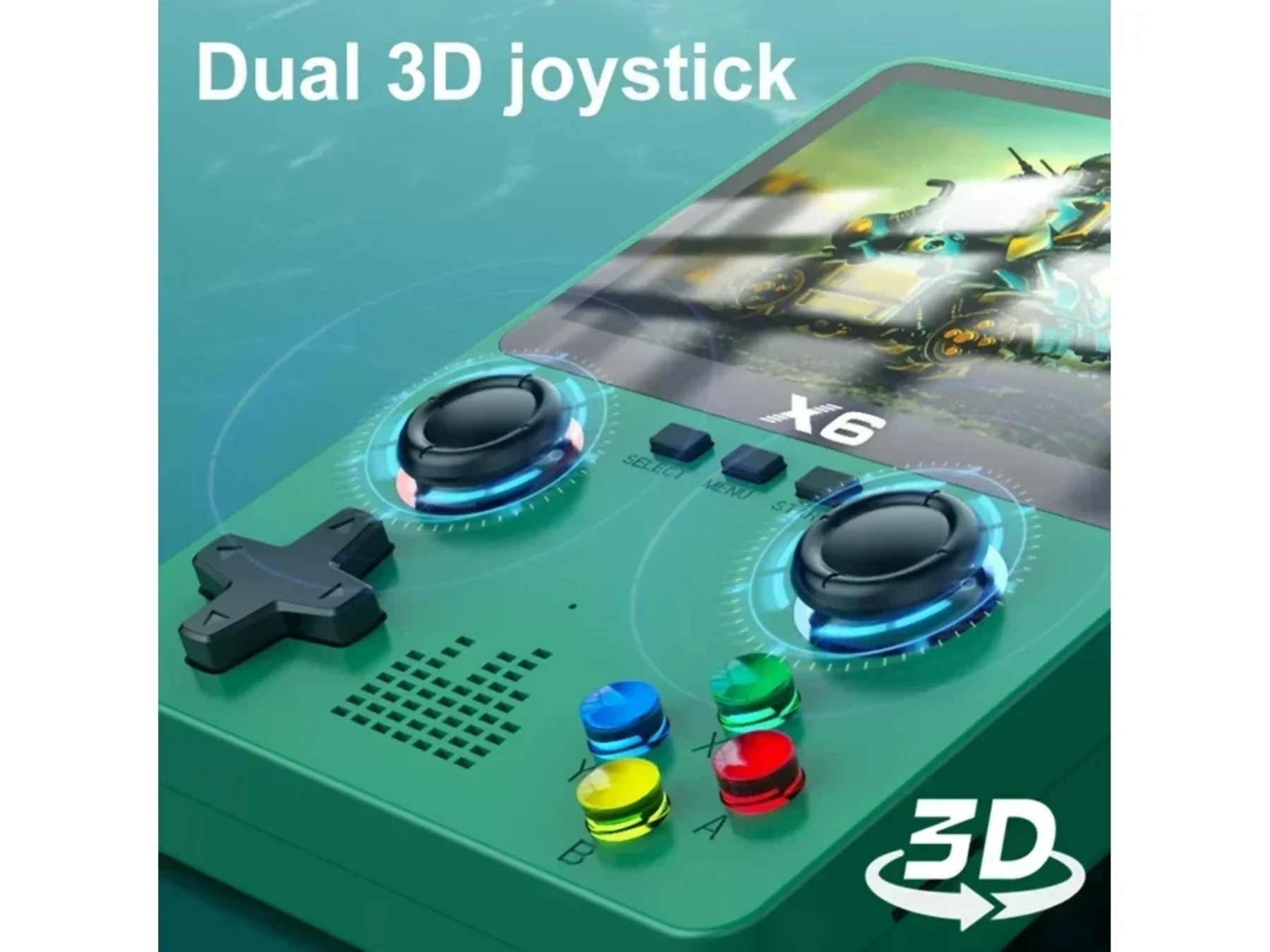 Grünes Handheld-Spielgerät mit zwei 3D-Joysticks und bunten Knöpfen.