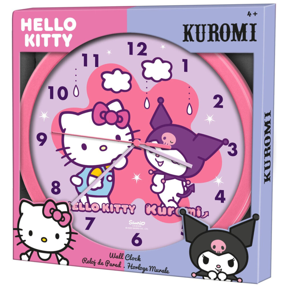 Eine Wanduhr mit Hello Kitty und Kuromi auf einem rosa-lila Zifferblatt.