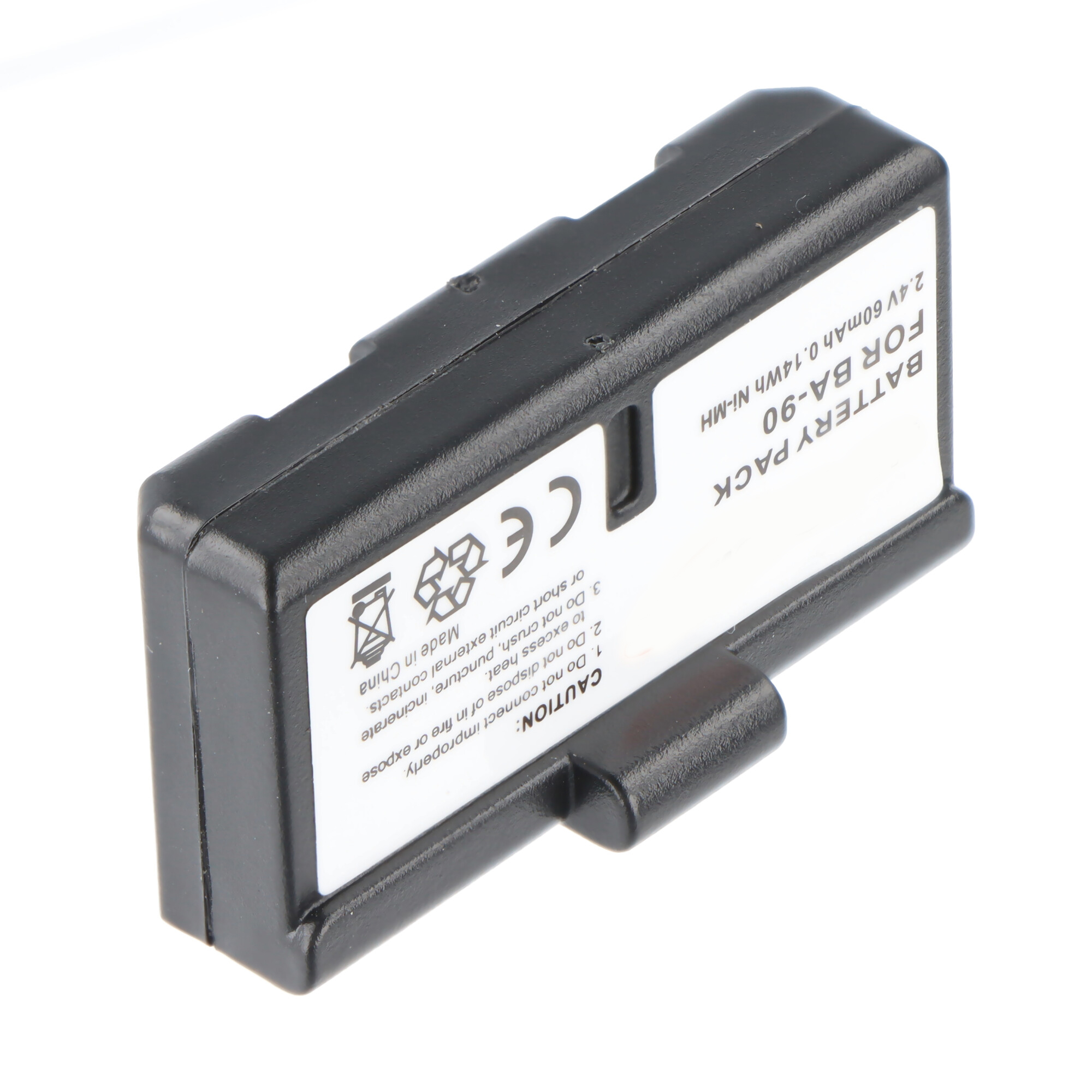 BA-90 için siyah pil paketi, 2.4V 60mAh, uyarı etiketli.
