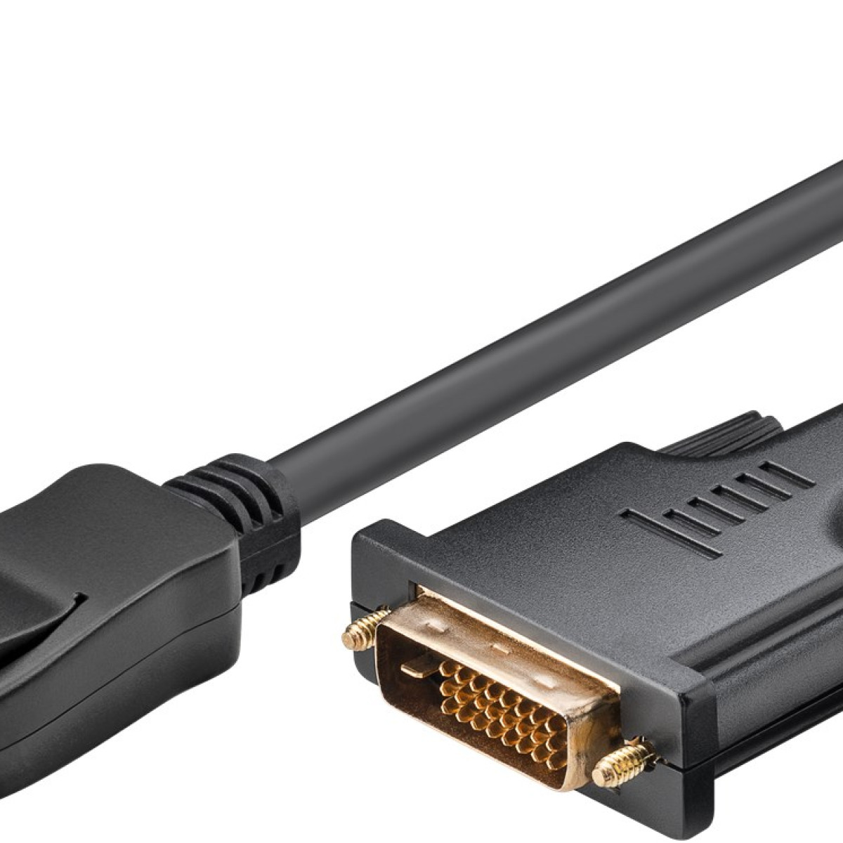 Ein schwarzes DVI-Kabel mit vergoldeten Kontakten und einem DisplayPort-Anschluss.