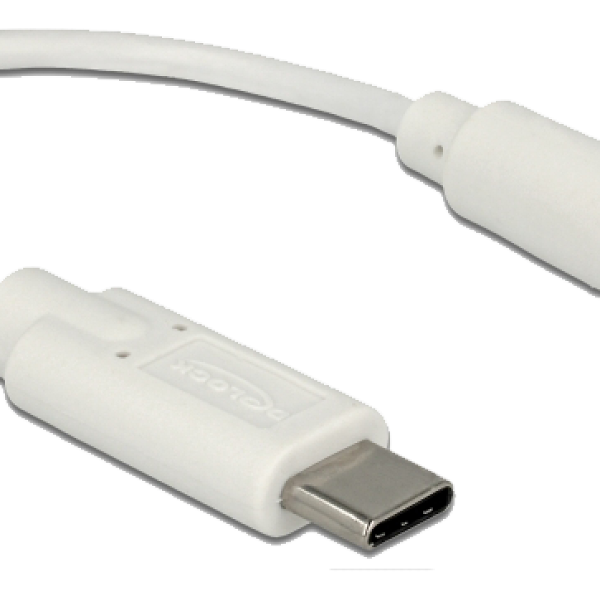 Un cavo USB-C bianco con un connettore metallico.