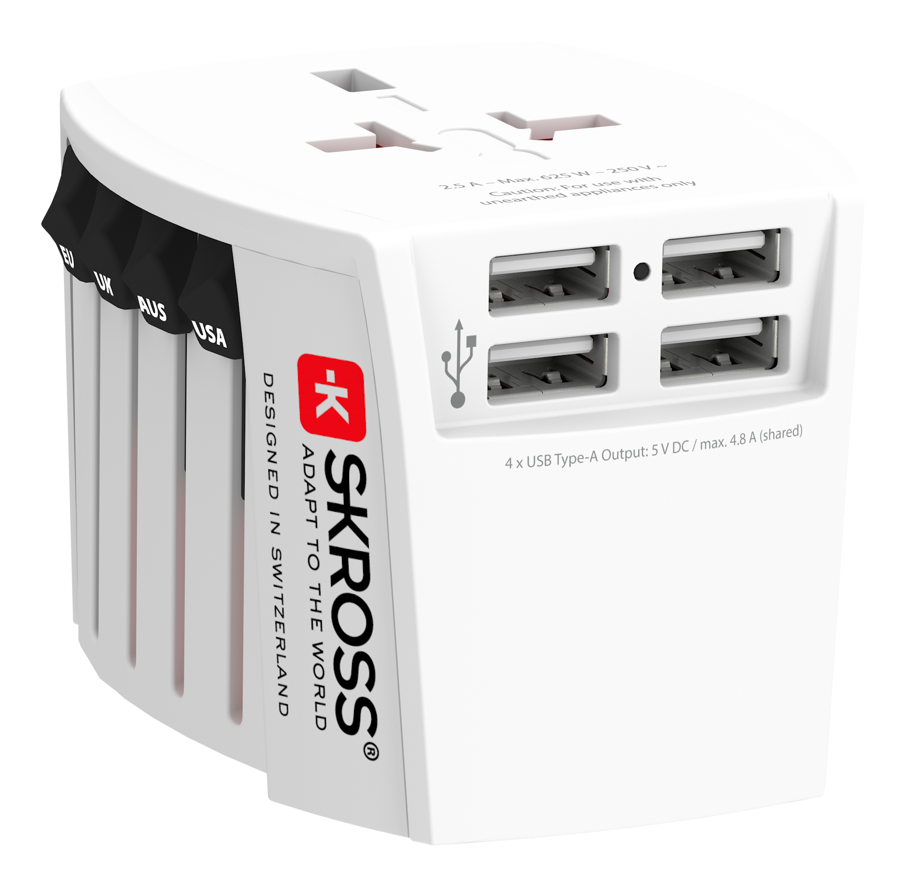 Ein weißer Reiseadapter von Skross mit ausziehbaren Steckdosen für EU, UK, AUS, USA und vier USB-Anschlüssen.
