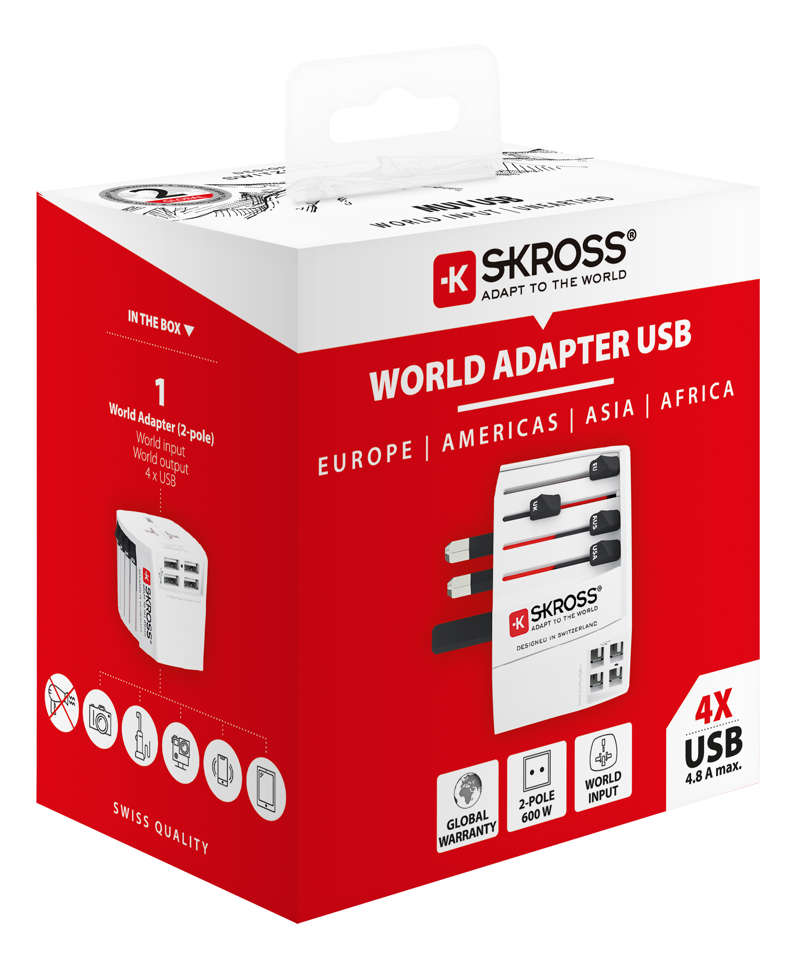 Verpackung eines weißen Weltadapters mit rotem Aufdruck für Europa, Amerika, Asien, Afrika.