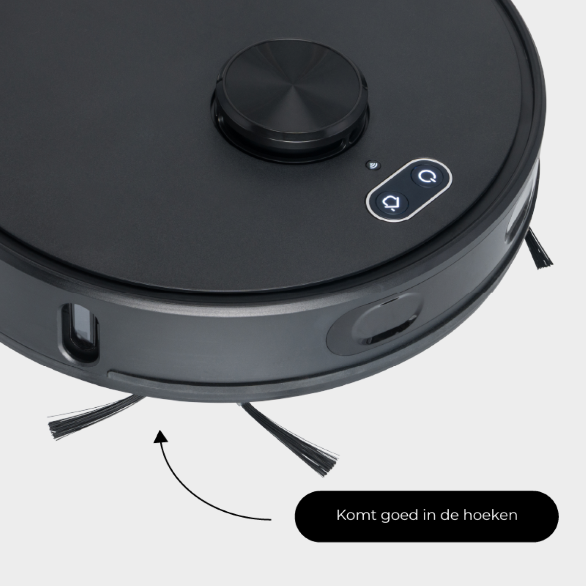 Black robot vacuum with rotating brushes and buttons.