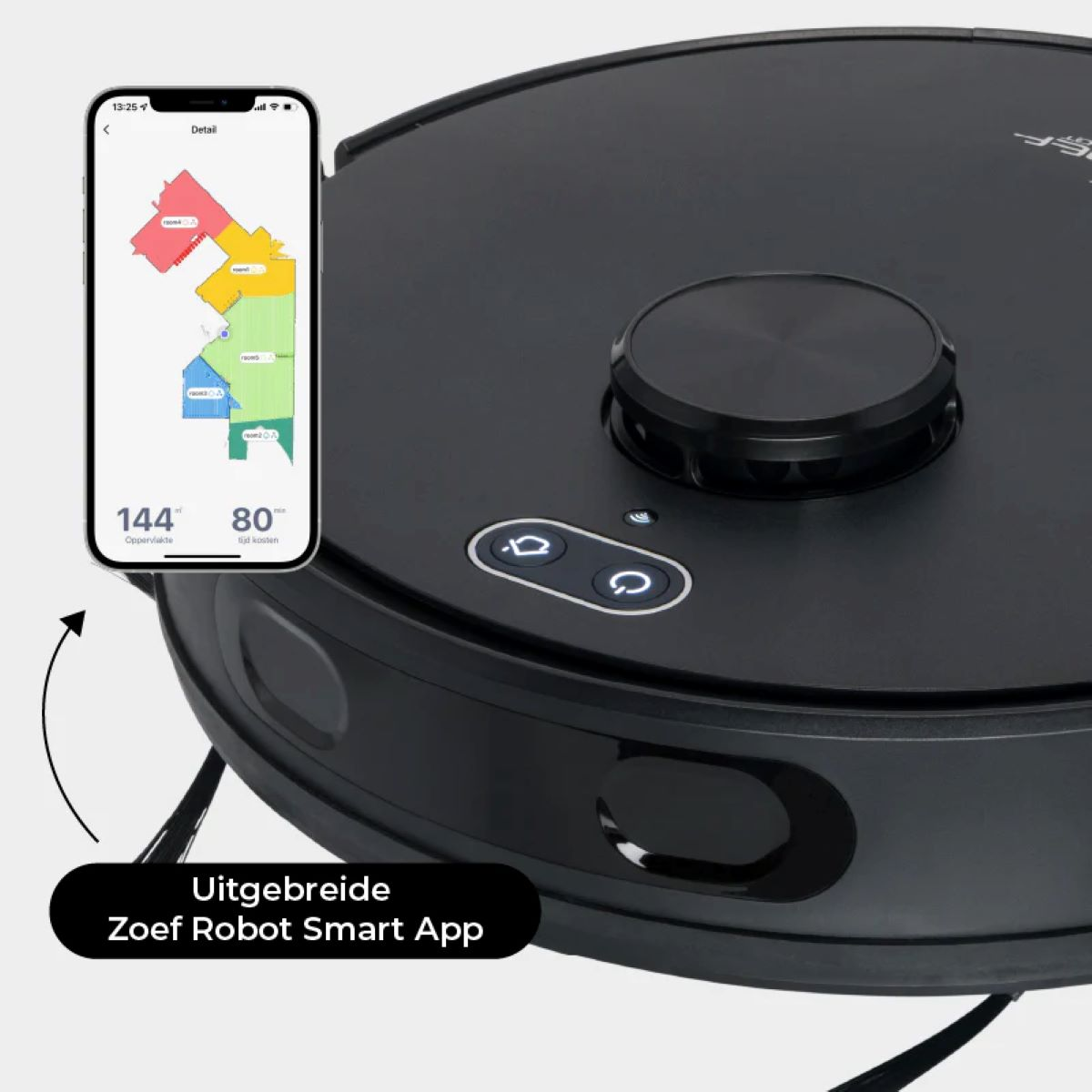 Black robot vacuum with smartphone app showing a room map.