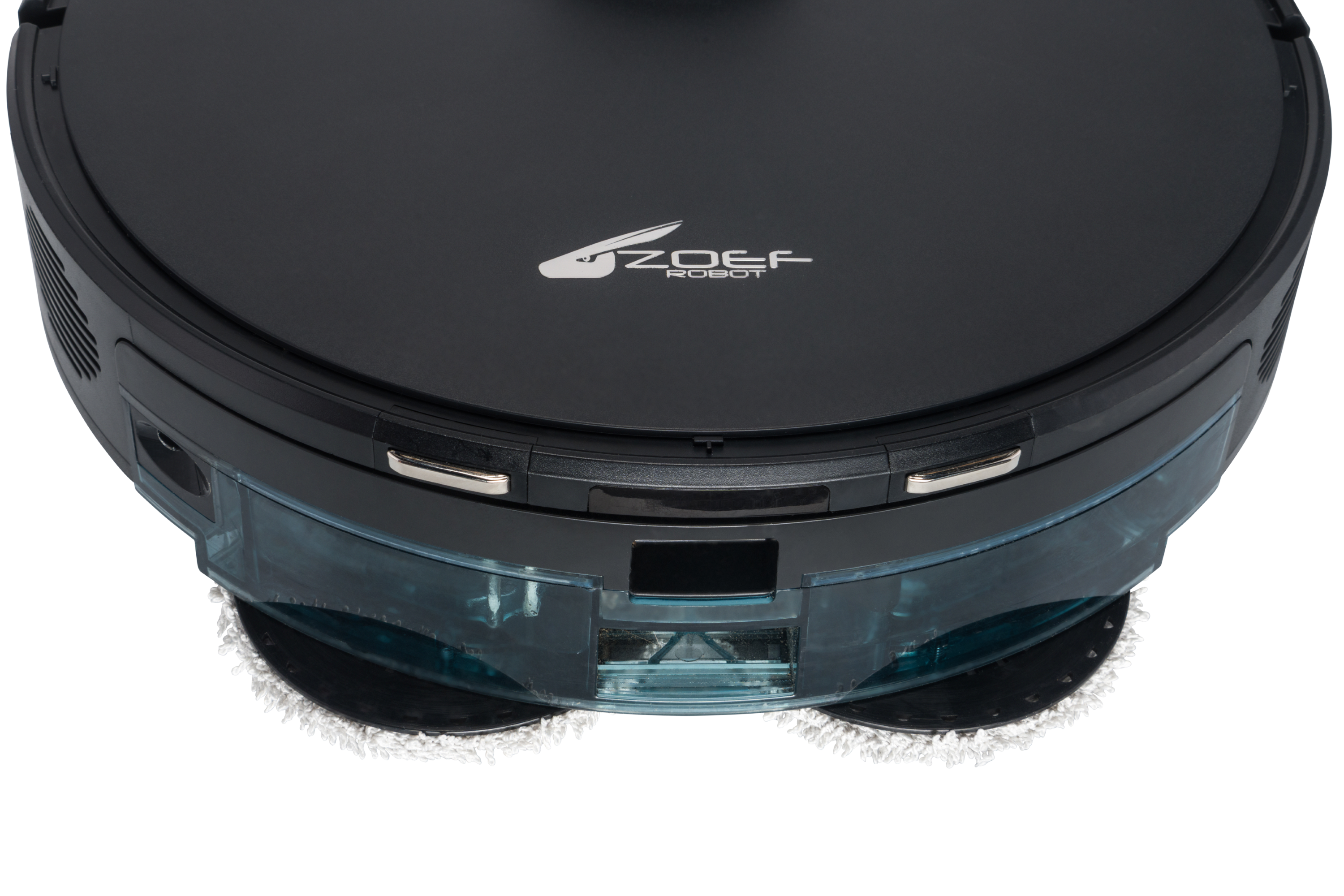 Black robot vacuum with rotating mopping pads and a clear water tank.