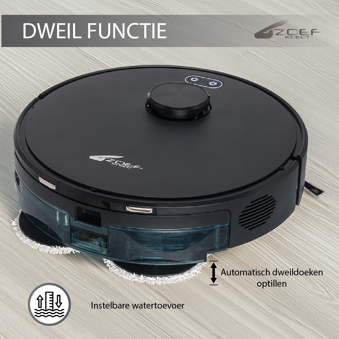 Black robot vacuum with mopping function on a light wood floor.