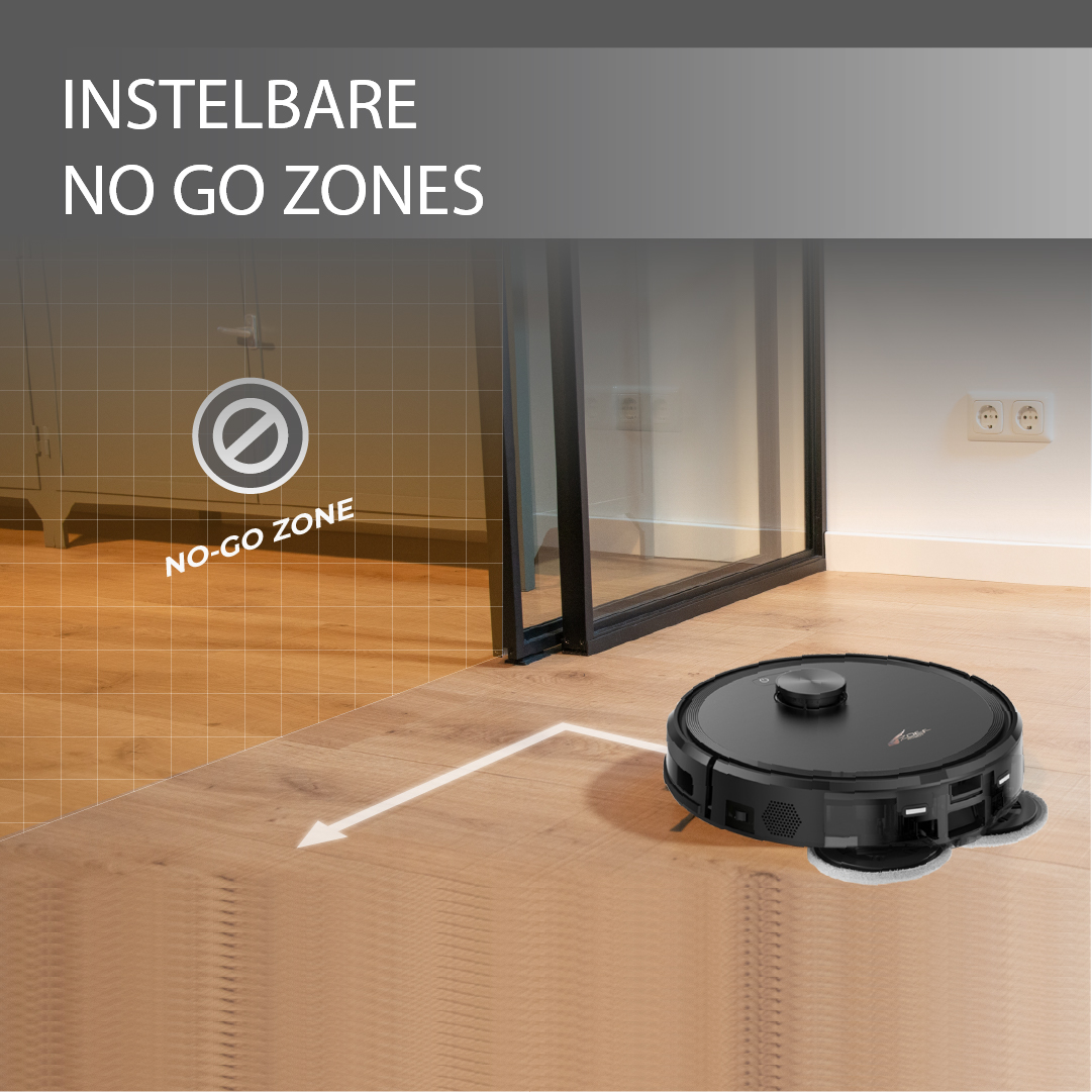 A black robot vacuum on a wooden floor avoiding a virtual no-go zone.