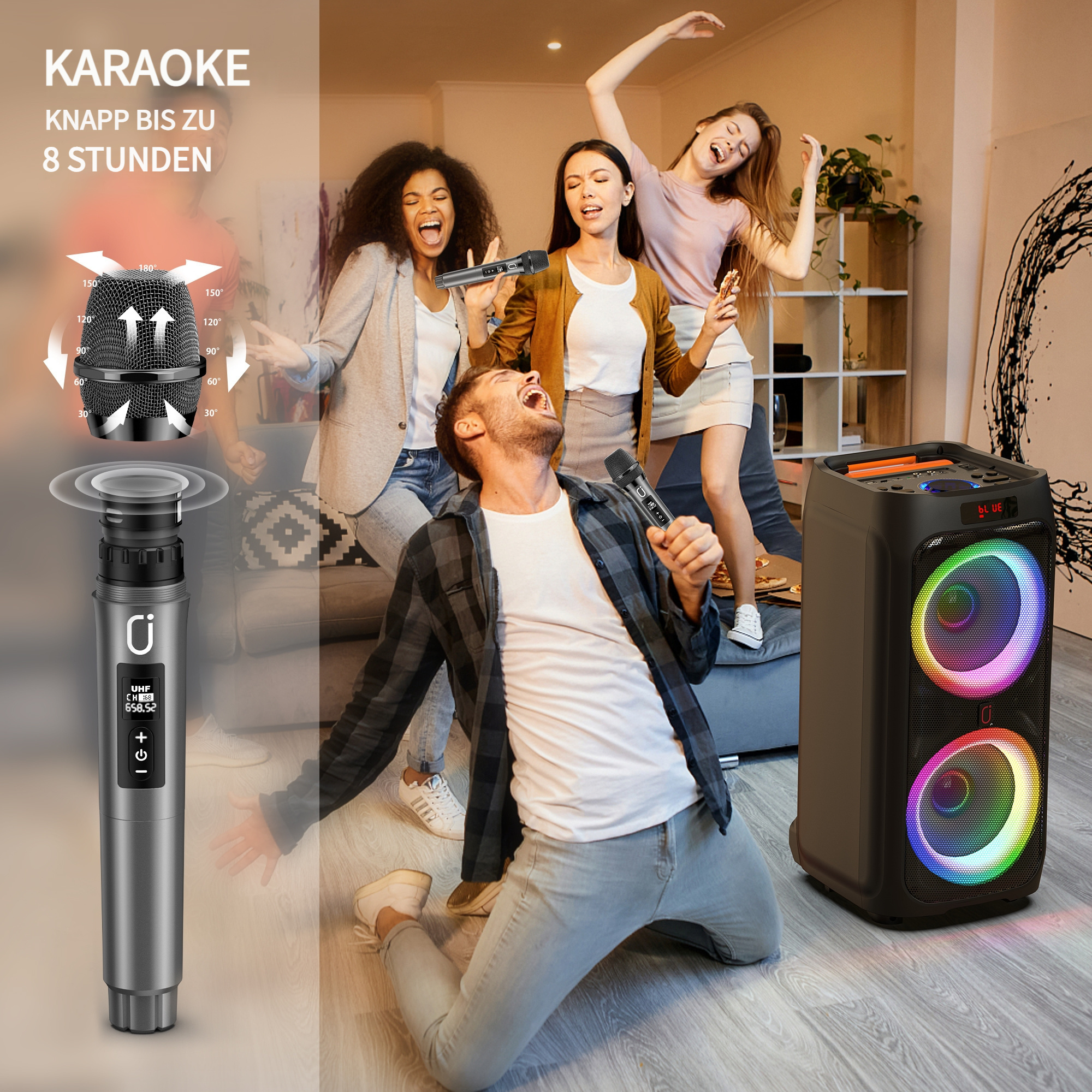 Karaoke-Party mit Mikrofon und beleuchtetem Lautsprecher.