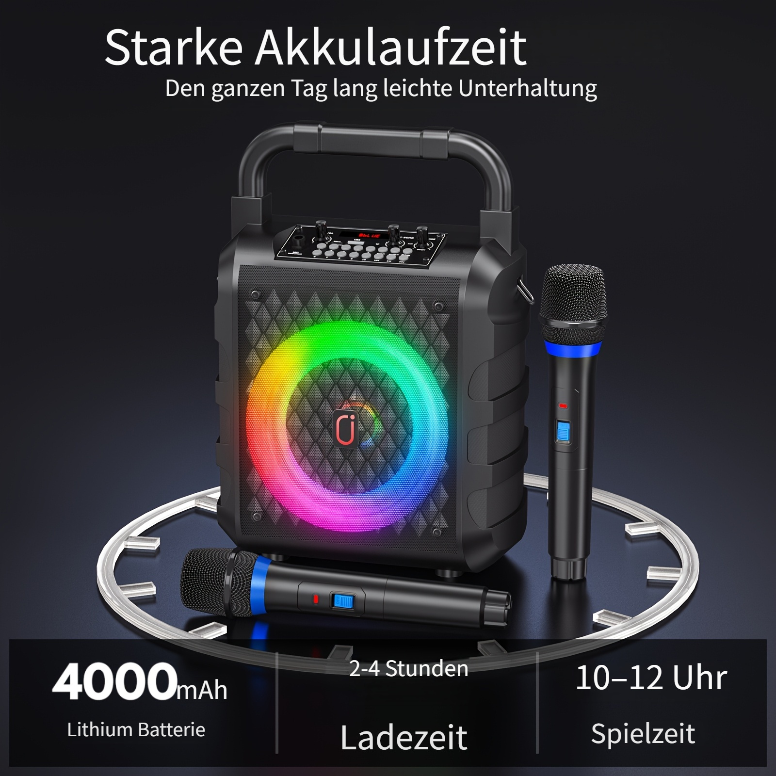 Lautsprecher mit Mikrofonen, farbigen Lichtern und Akku-Infos.
