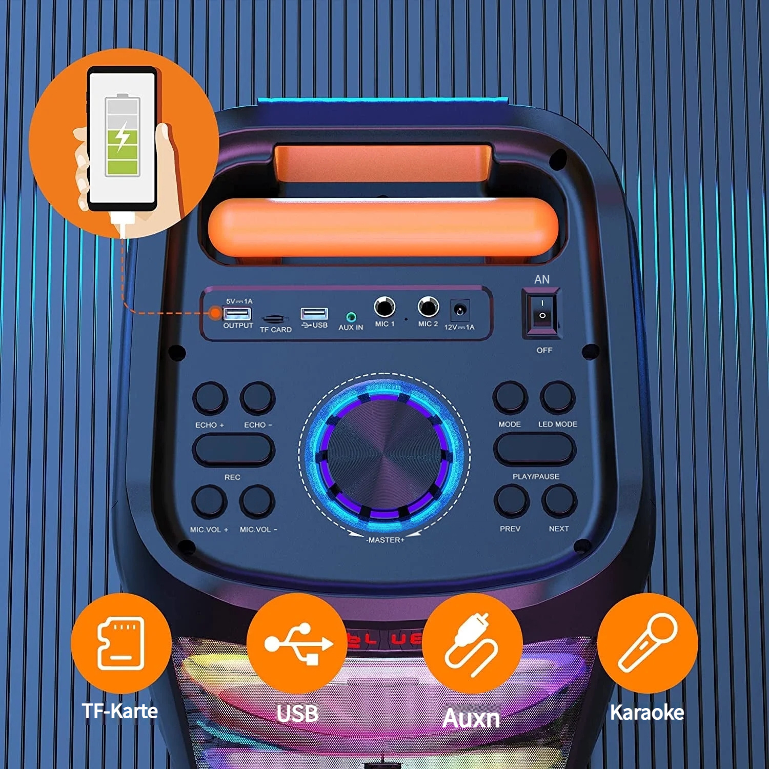 Ein tragbarer Lautsprecher mit Anschlüssen: TF-Karte, USB, Aux, Mikrofon. Lädt Handy.