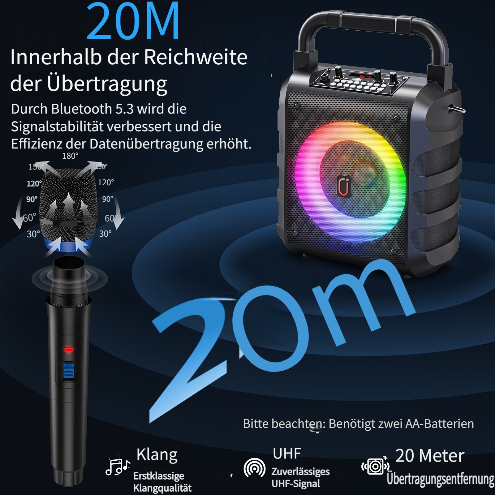 Ein tragbarer Lautsprecher mit bunten Lichtern und ein Mikrofon.