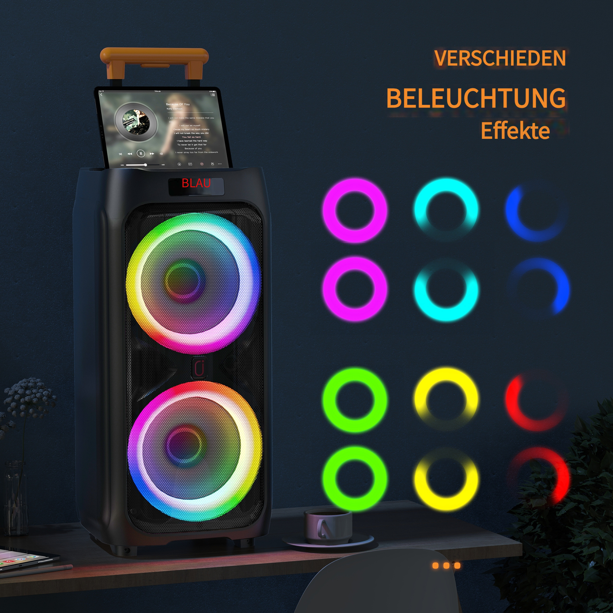 Ein schwarzer Lautsprecher mit bunten Lichtern und einem Tablet spielt Musik.