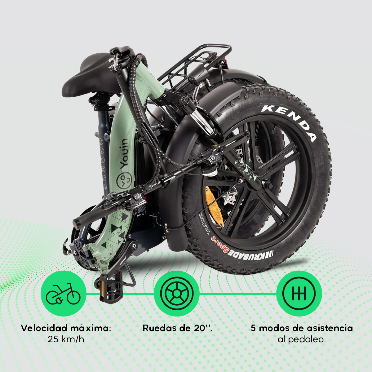 E-bike piegata con pneumatici Kenda, ruote da 20 pollici, 25 km/h max, 5 modalità.