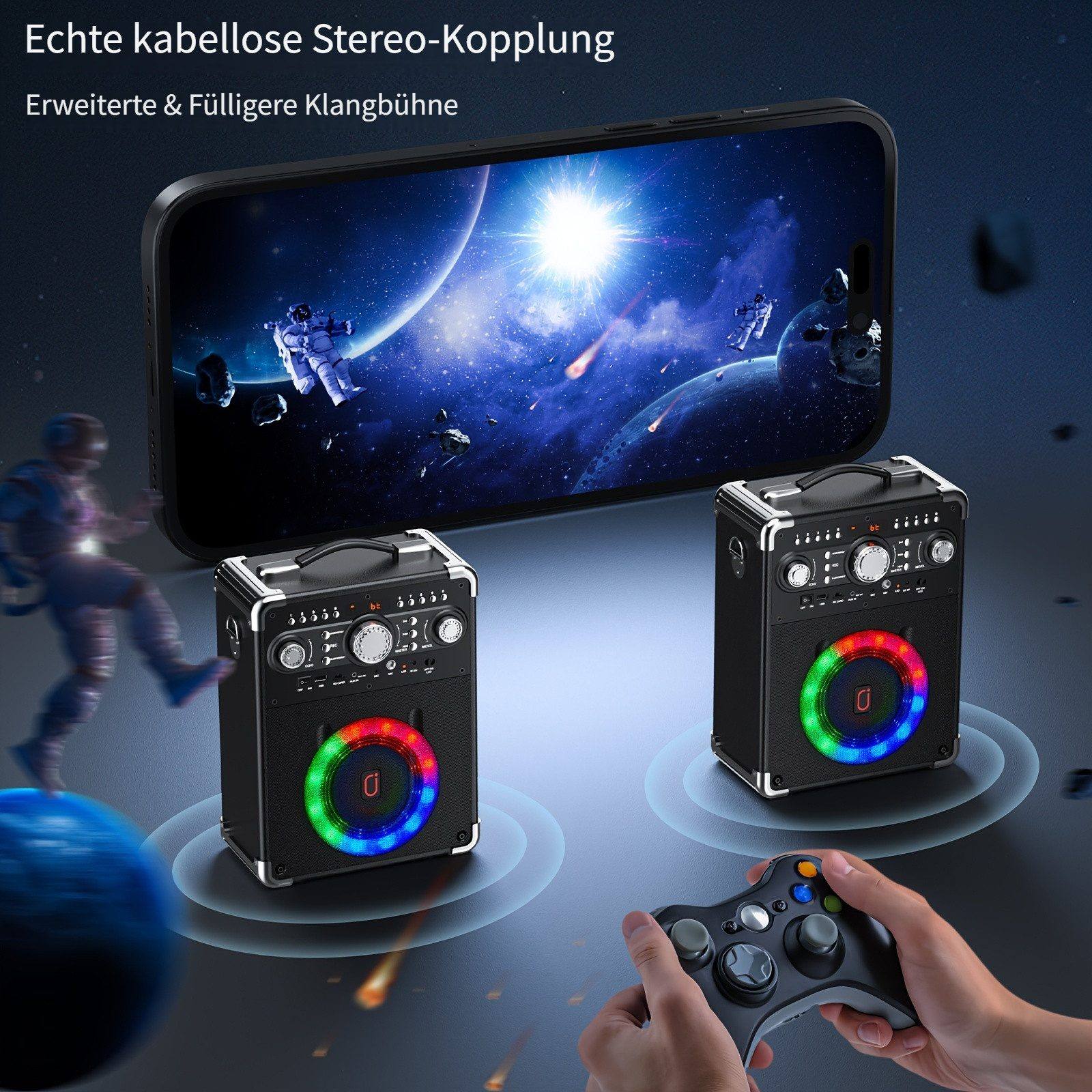 Zwei schwarze Bluetooth-Lautsprecher mit bunten Lichtern, daneben ein Handy und ein Controller.