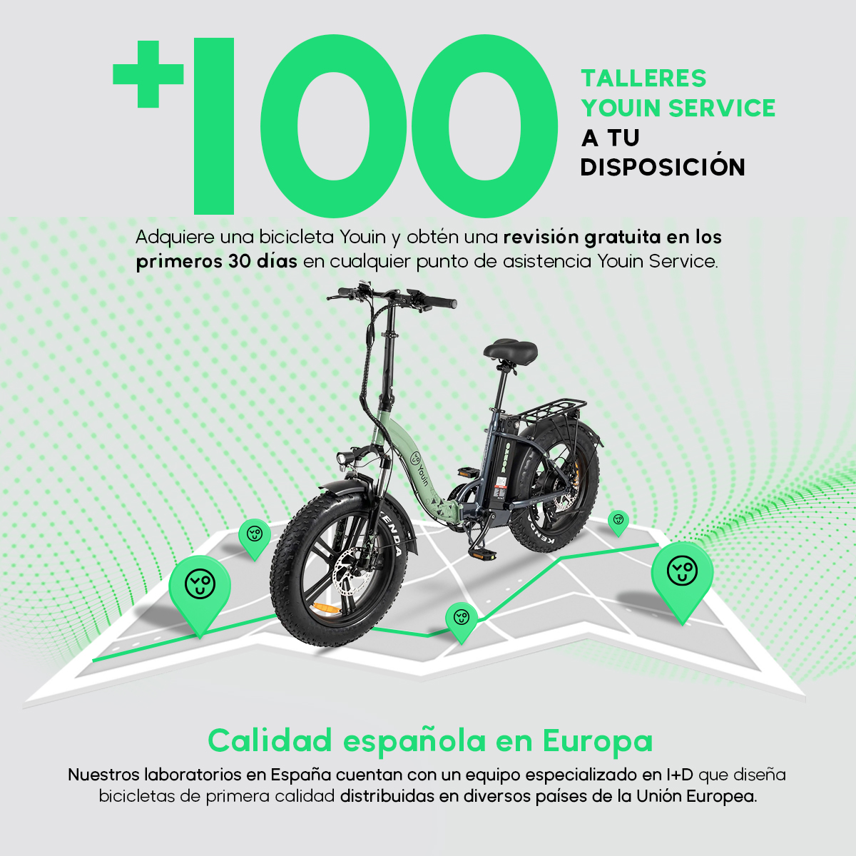 Una e-bike verde su una mappa con punti di servizio. Grande testo "+100".