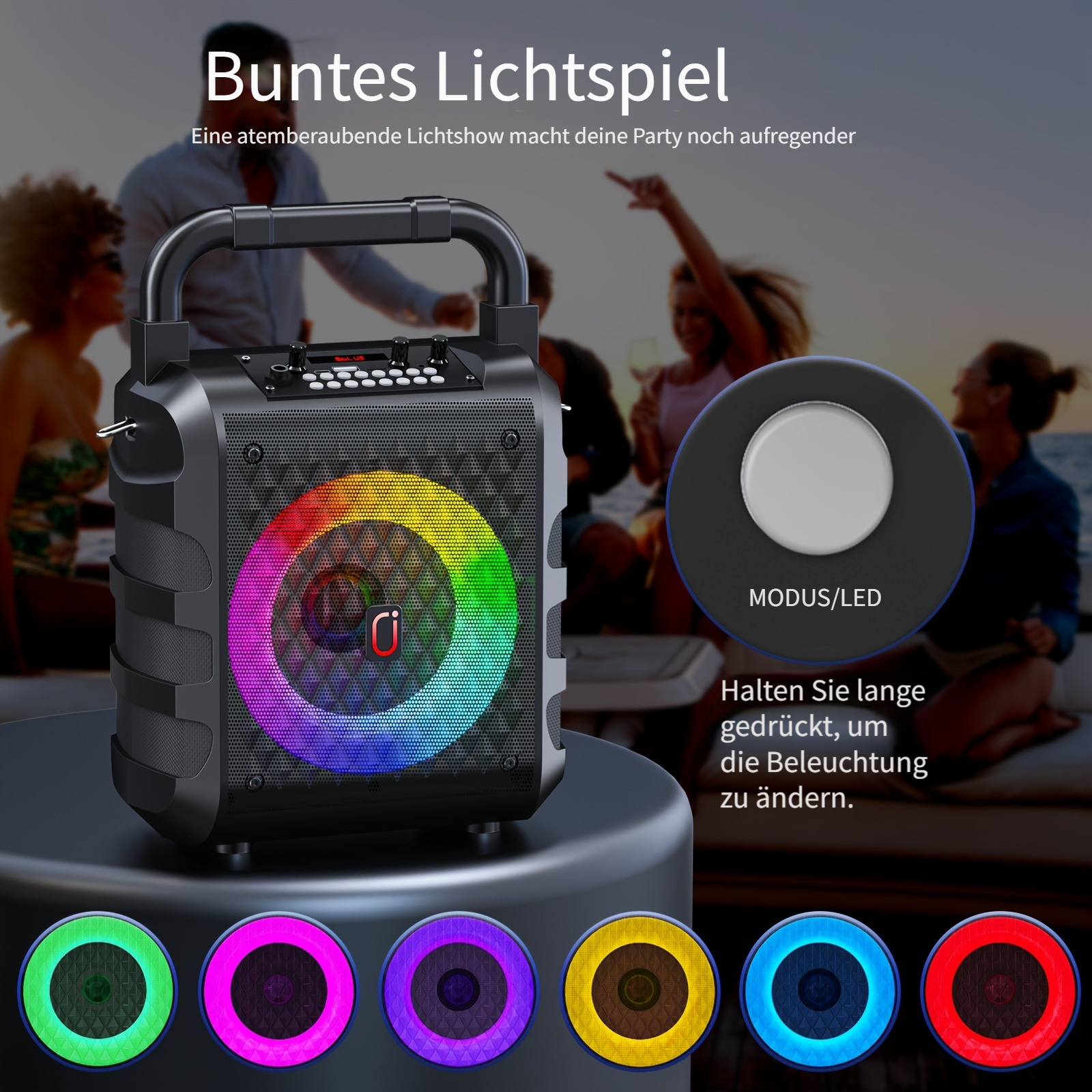 Ein tragbarer Lautsprecher mit bunter LED-Beleuchtung und Partyszenen im Hintergrund.