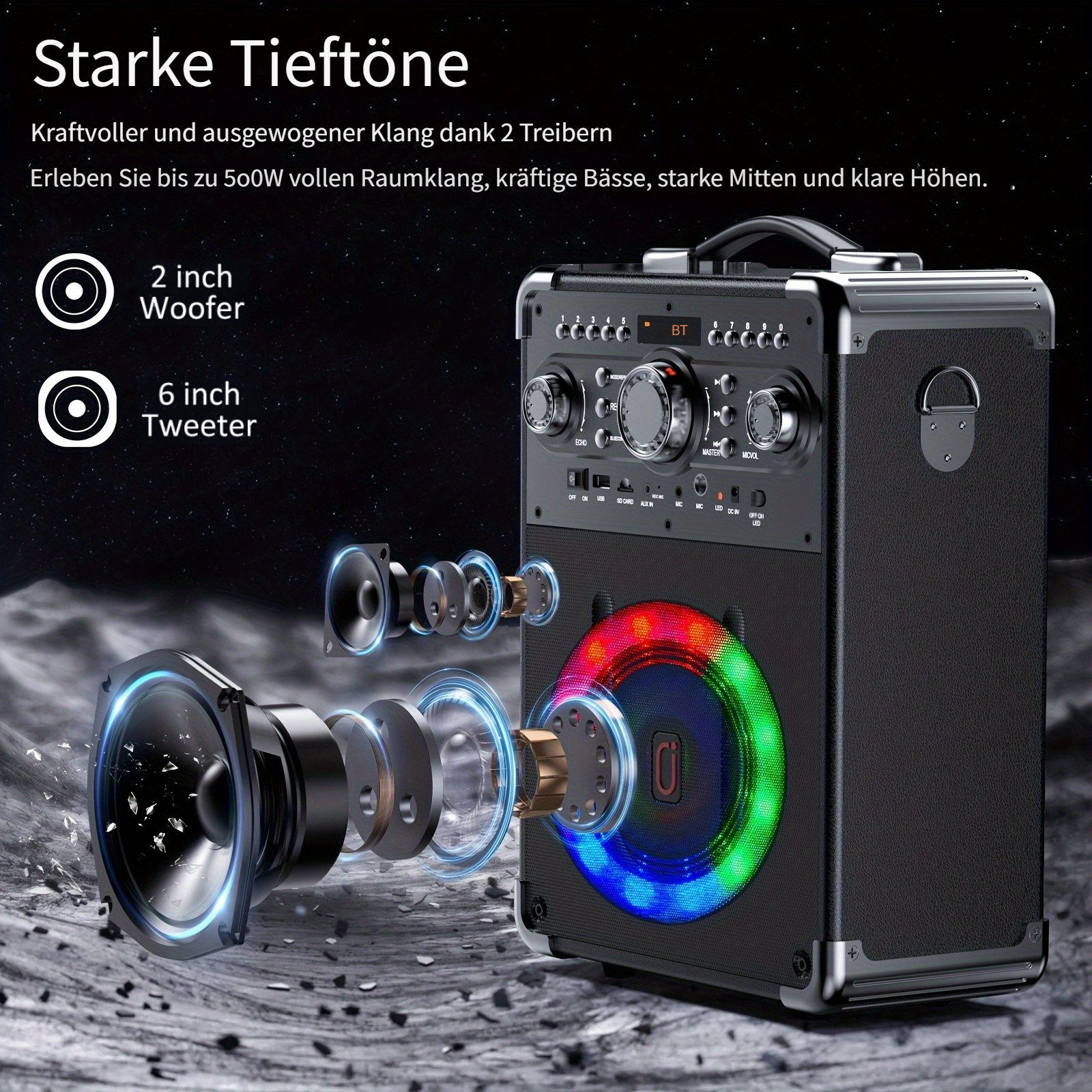 Explodierte Ansicht eines Bluetooth-Lautsprechers mit 2-Zoll-Woofer und 6-Zoll-Tweeter.
