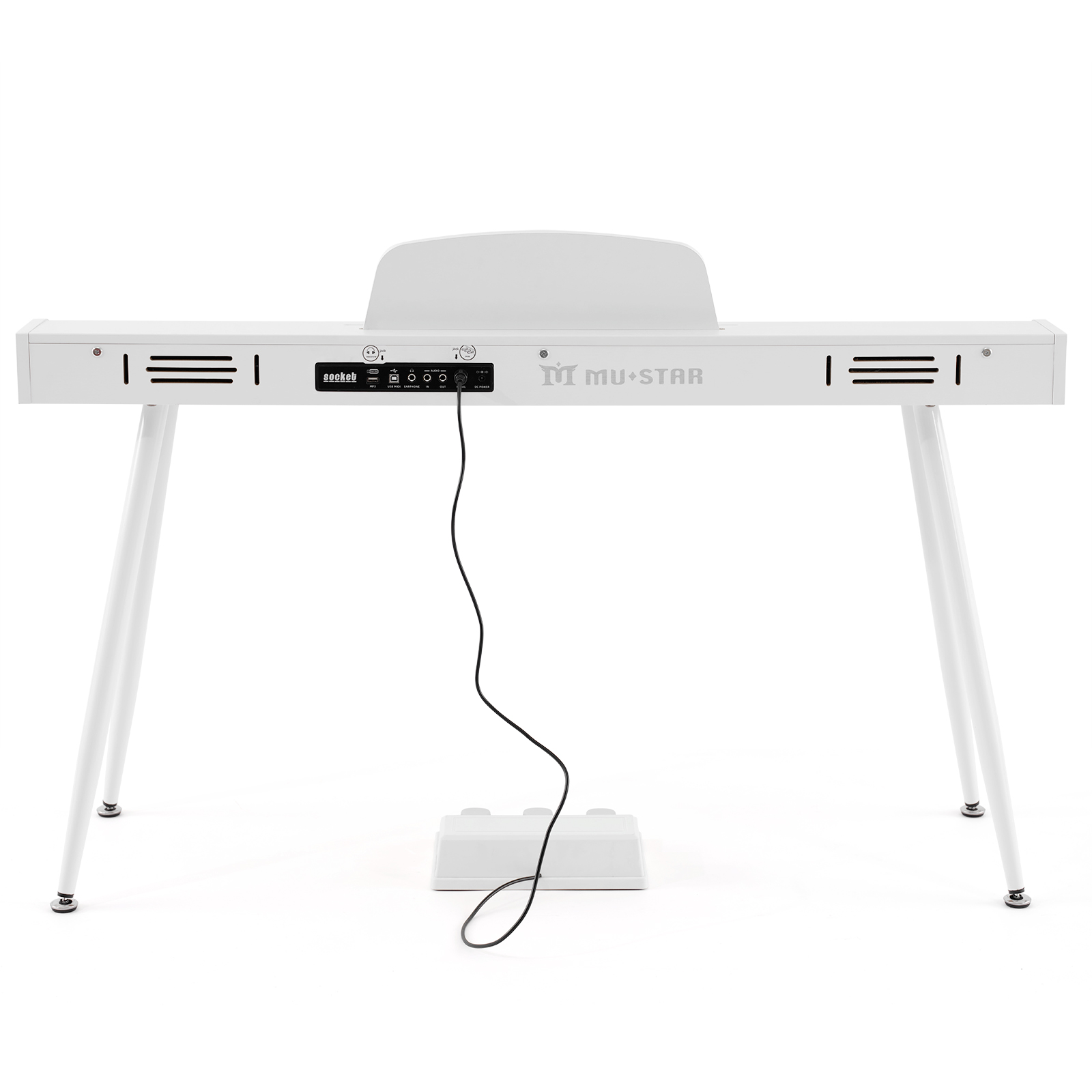 Ein weißes Digitalpiano mit vier Beinen und schwarzem Kabel zum Pedal.